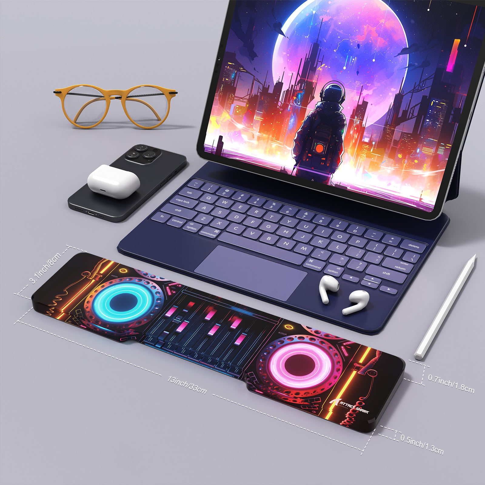 Punk-themed acrylic wrist rest with vibrant DJ mixer design next to a tablet and keyboard.