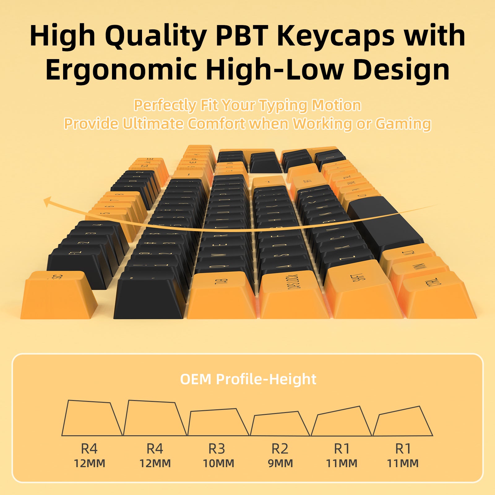 Black and gold ergonomic PBT keycap set with high-low design for typing comfort.