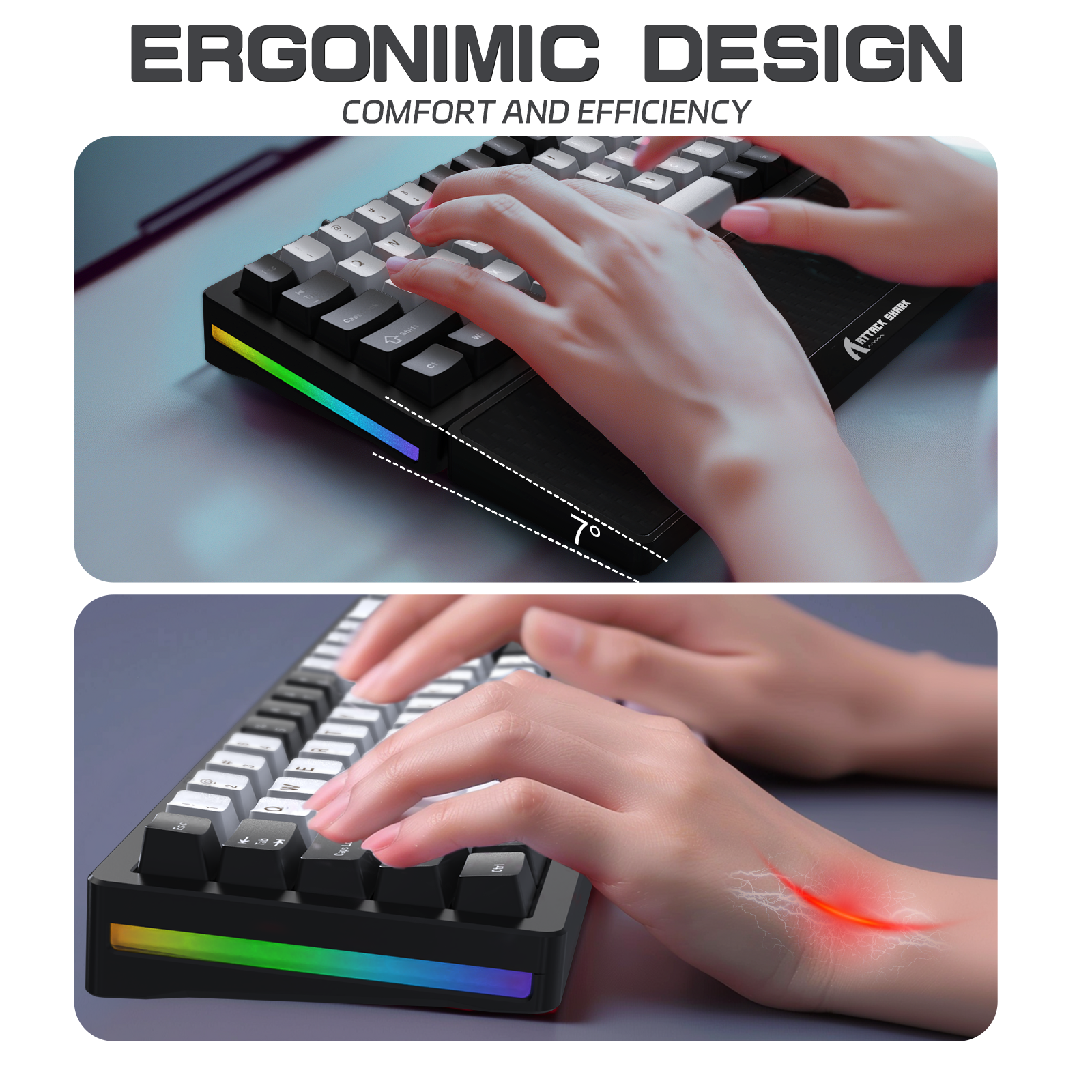 Hands on ergonomic gaming keyboard highlighting RGB lighting and comfort design features.