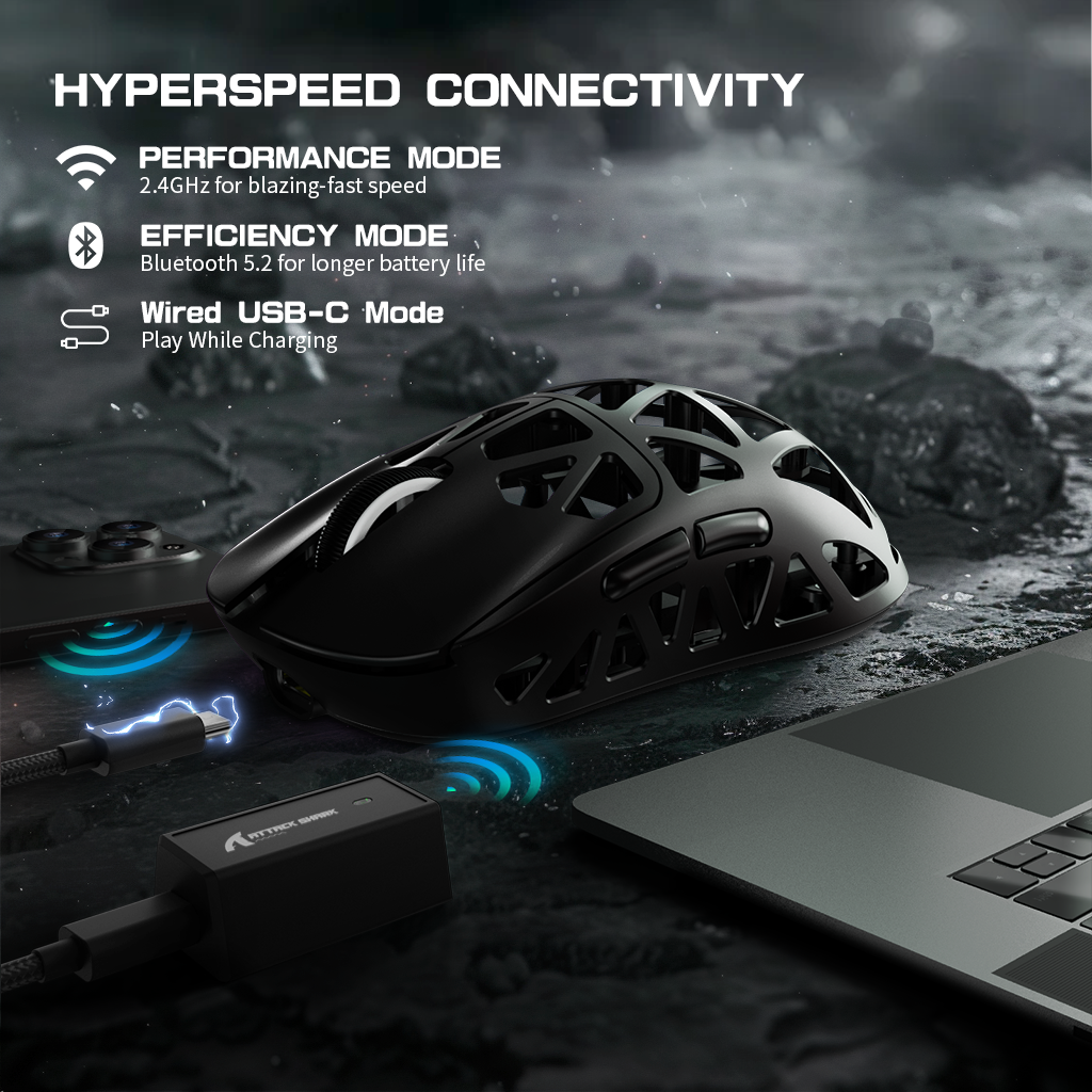 ATTACK SHARK R2PRO Gaming Mouse with HYPERSPEED 2.4GHz, Bluetooth 5.2, and USB-C connectivity.