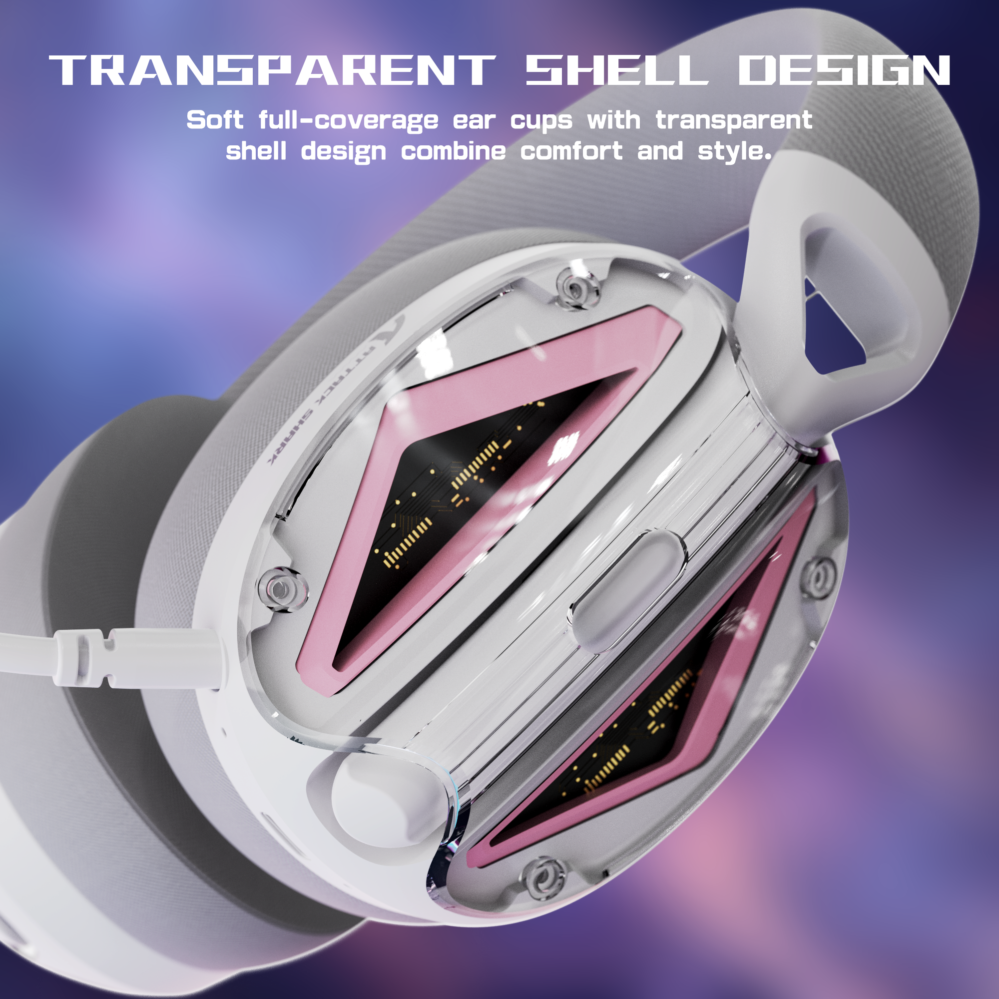 Transparent shell design of Attack Shark L60 headset with soft ear cups.