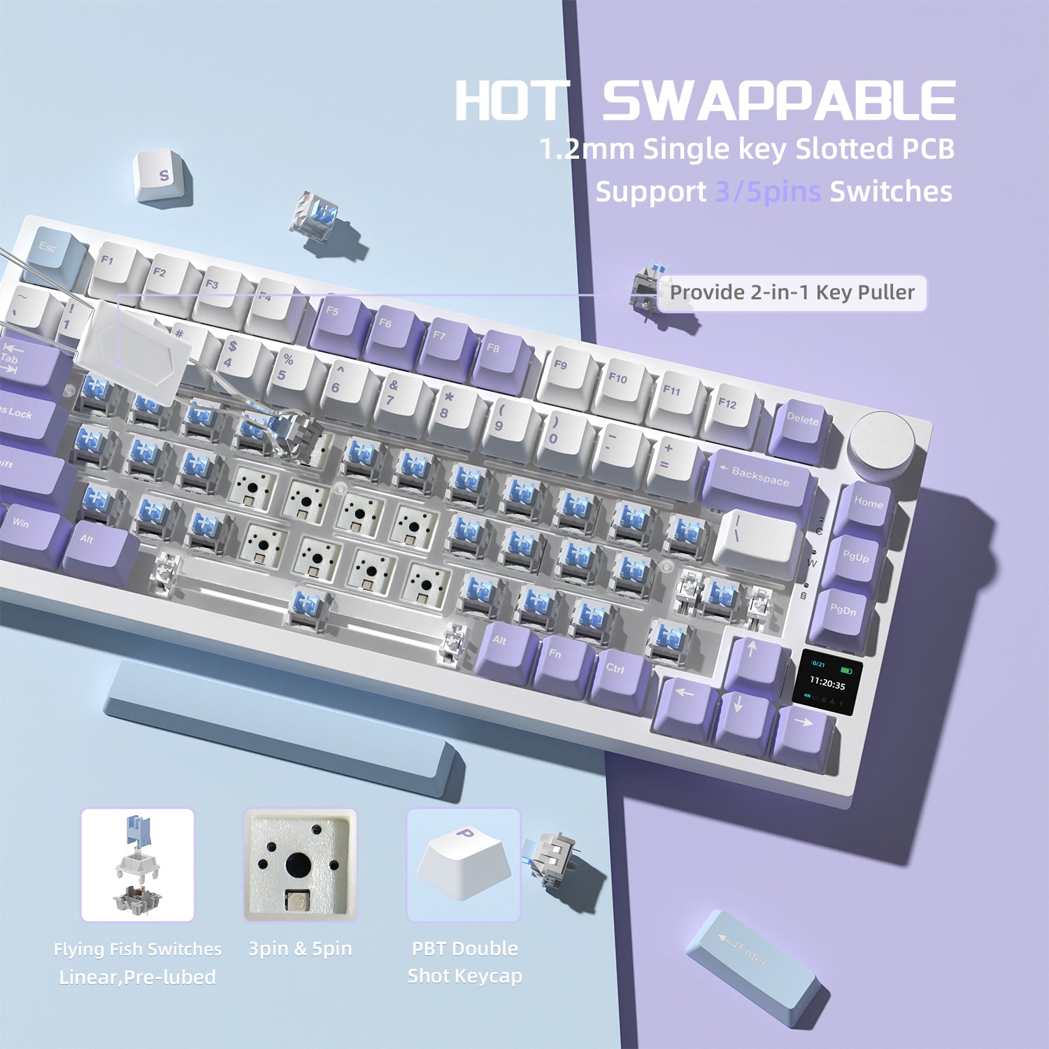 Hot-swappable Attack Shark AK820 Pro mechanical keyboard in white and purple with Flying Fish switches