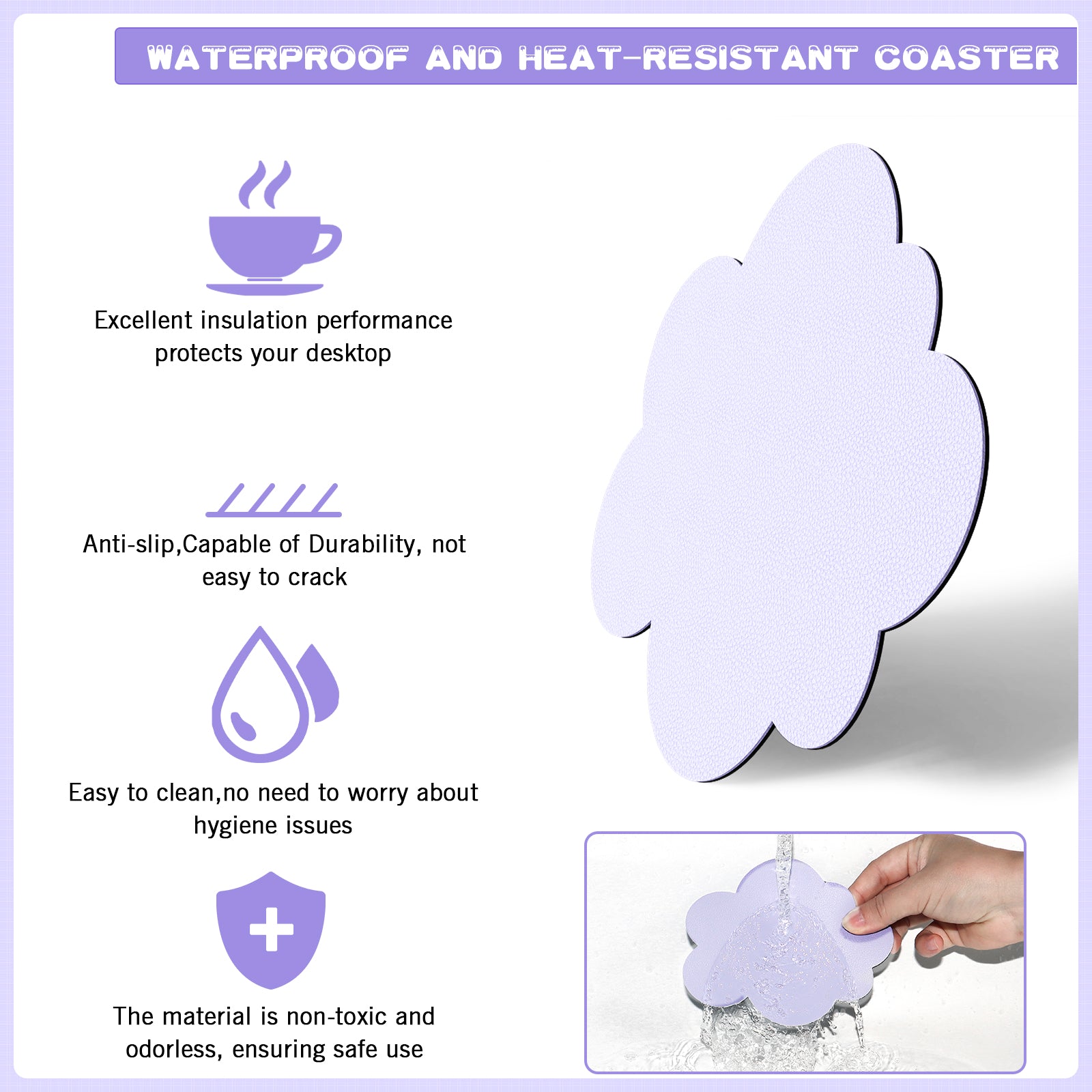 Lavender cloud-shaped coaster highlighting waterproof and heat-resistant features.