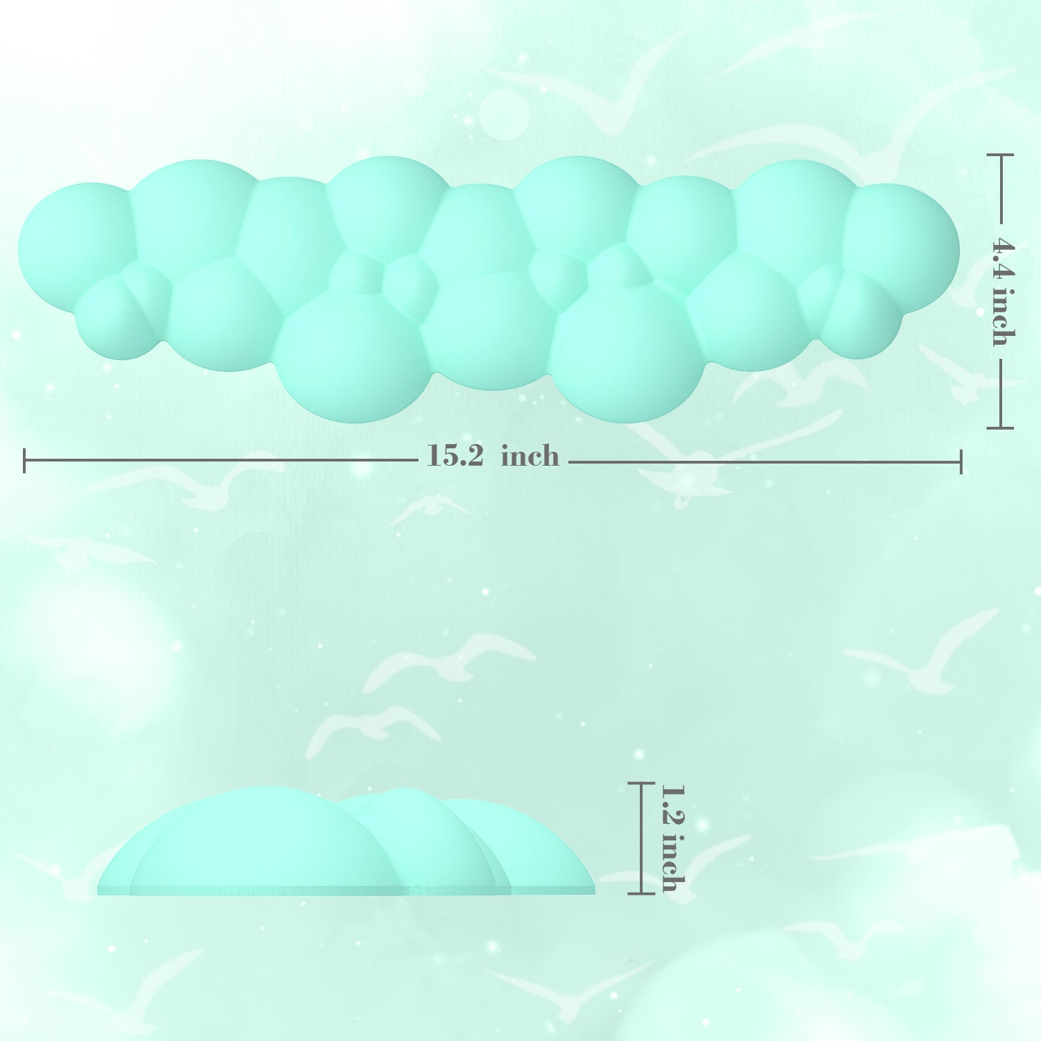 Dimensions of light blue cloud-shaped ergonomic wrist rest: 15.2x4.4x1.2 inches.