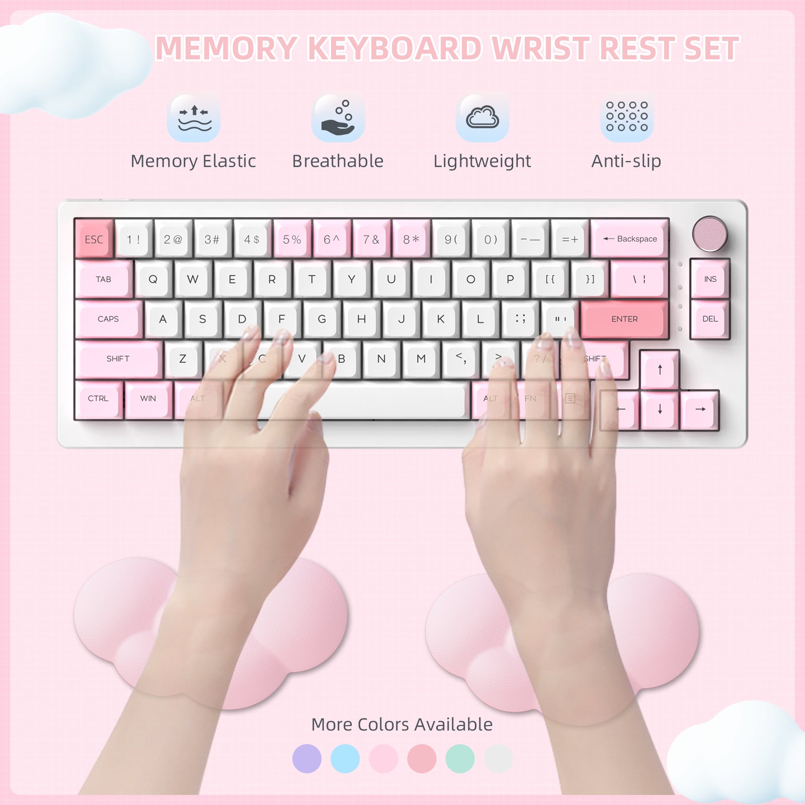 Hands typing on pink mechanical keyboard with matching wrist rest set and cloud design.