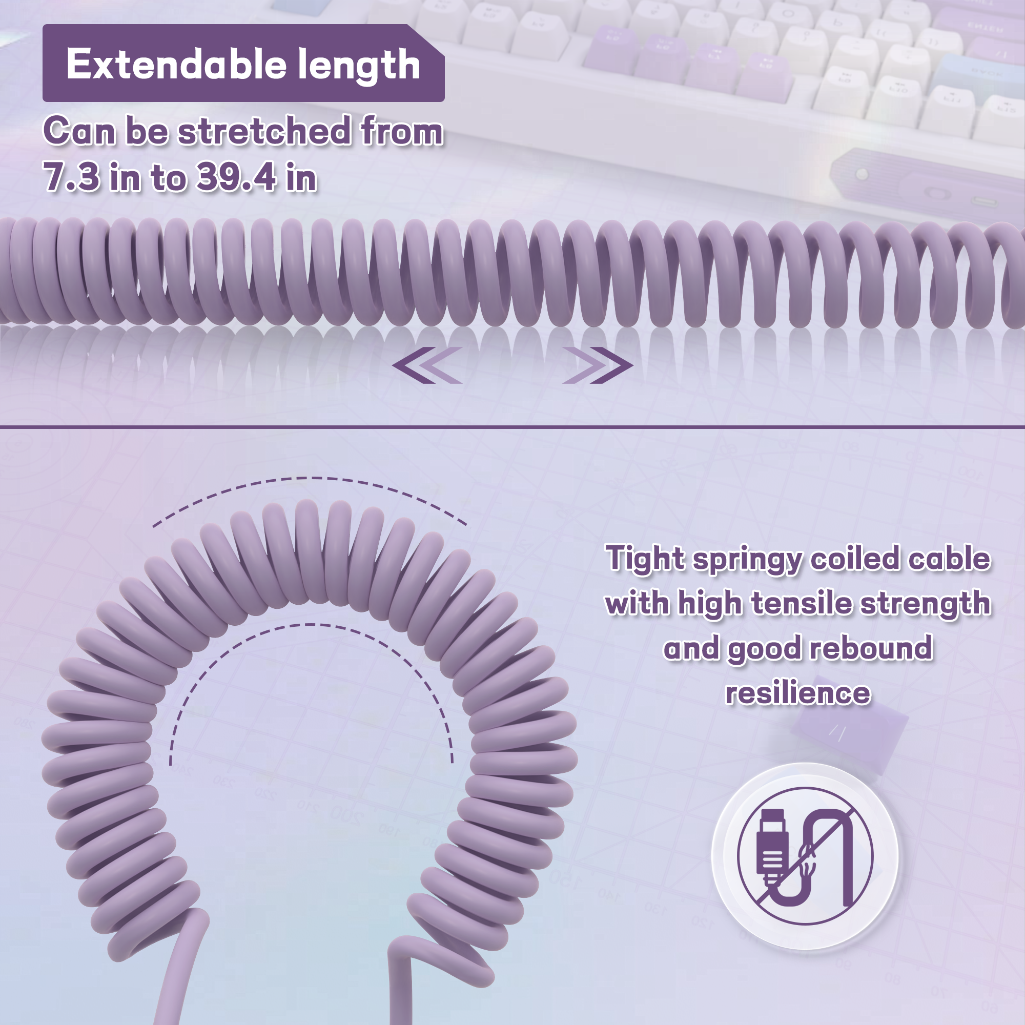 Extendable lavender coiled USB C keyboard cable with tensile strength features.