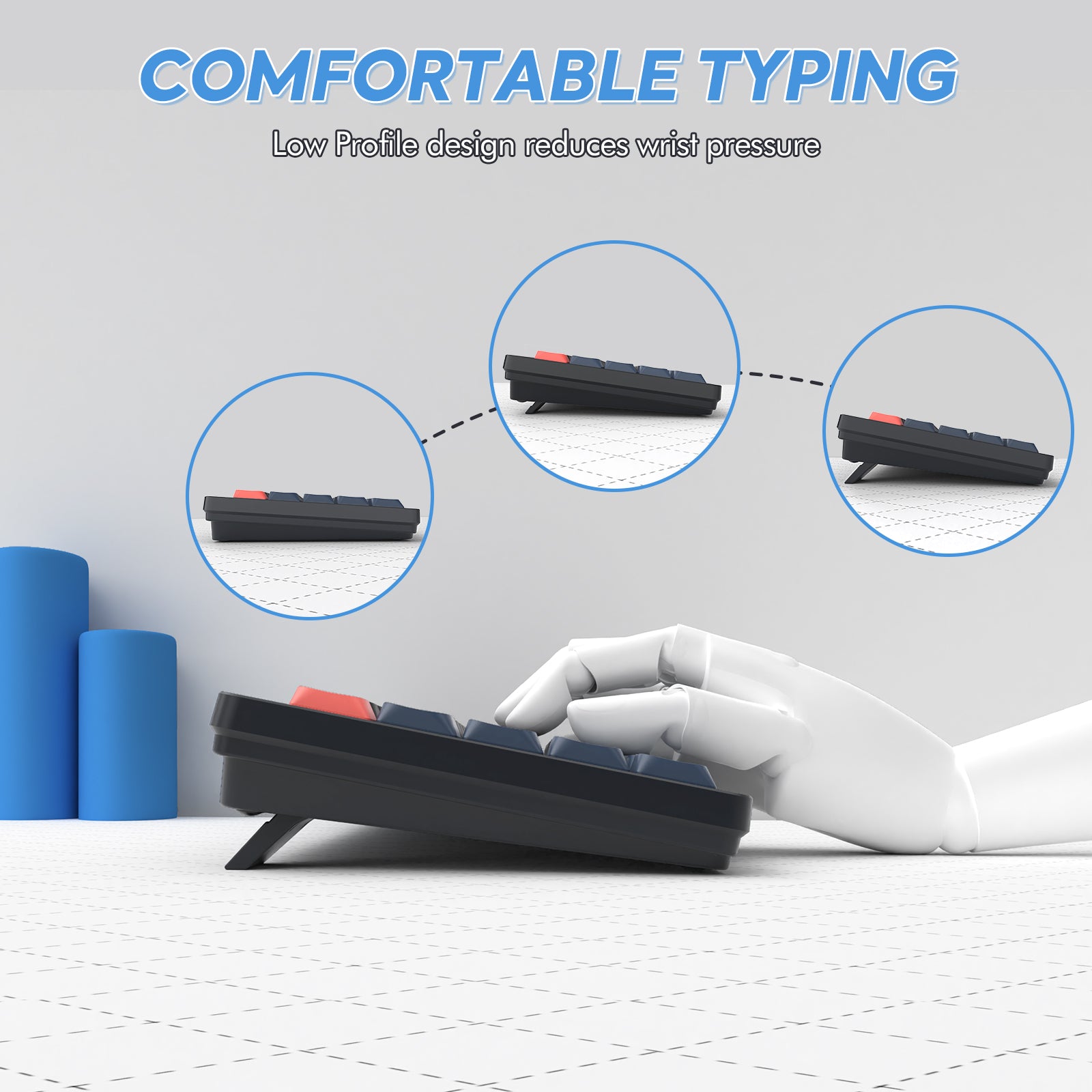 AKL680 low profile wireless keyboard demonstrating ergonomic tilt for comfortable typing