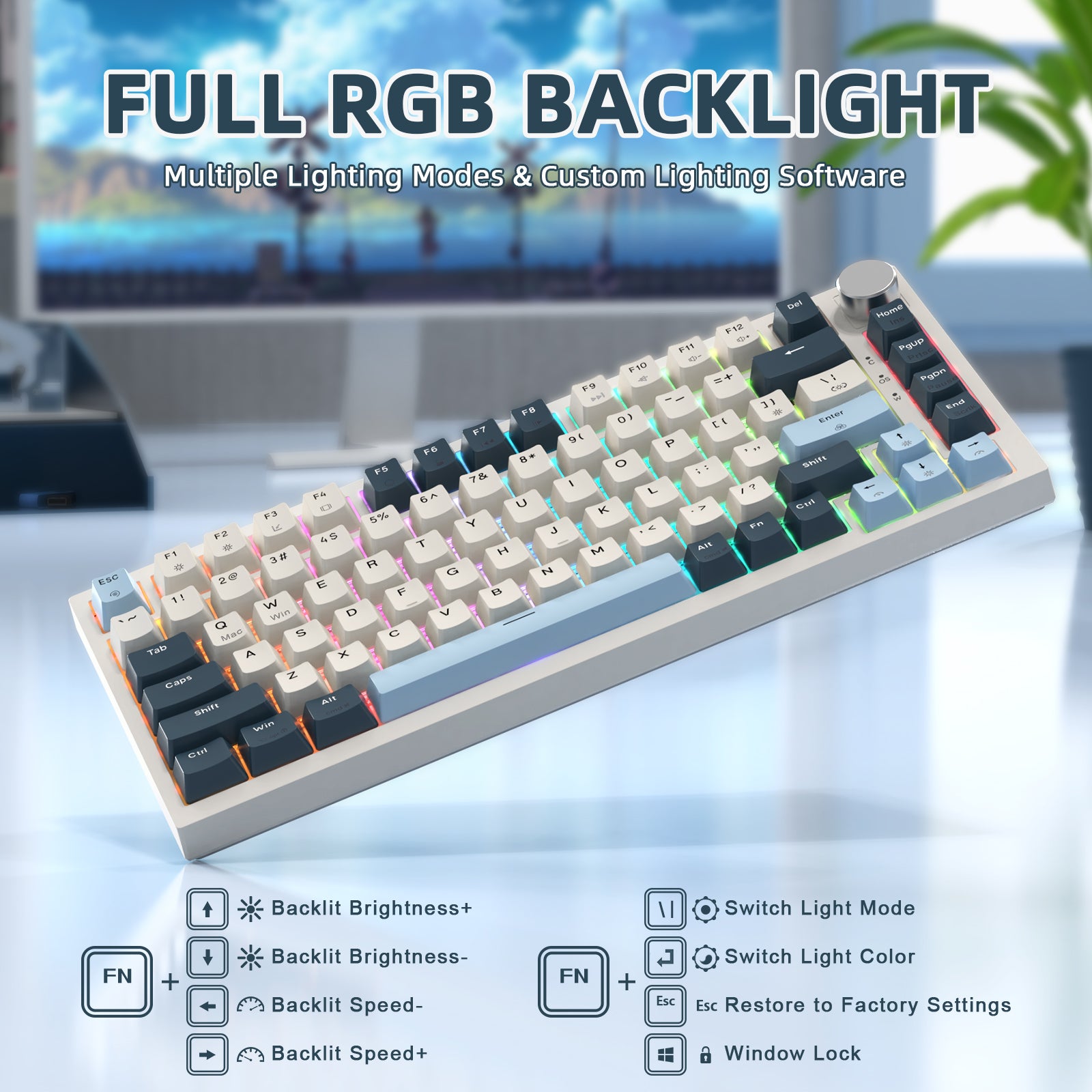 K85 keyboard with full RGB backlight and lighting customization options.