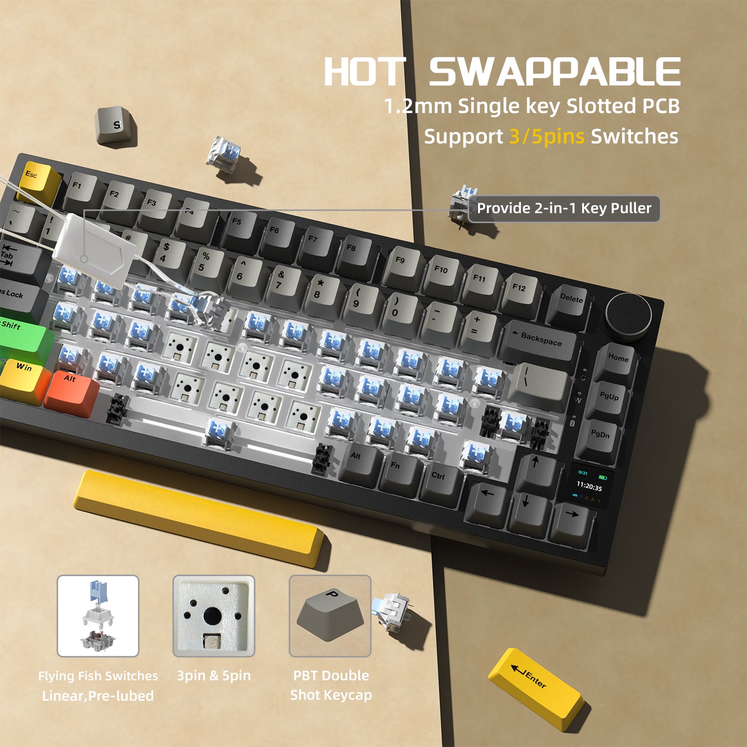 AK820 Pro mechanical keyboard showcasing hot-swappable PCB and Flying Fish switches