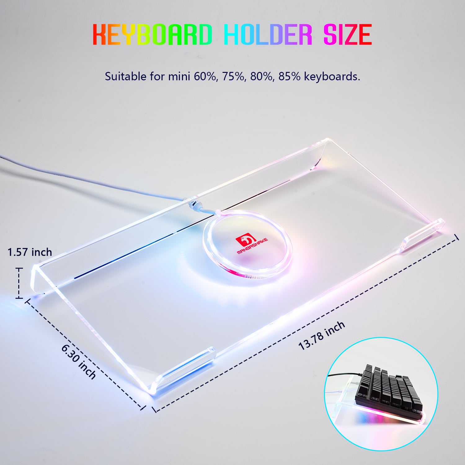 Dimensions of ergonomic RGB keyboard holder: 13.78x6.30x1.57 inches, suitable for different keyboards.