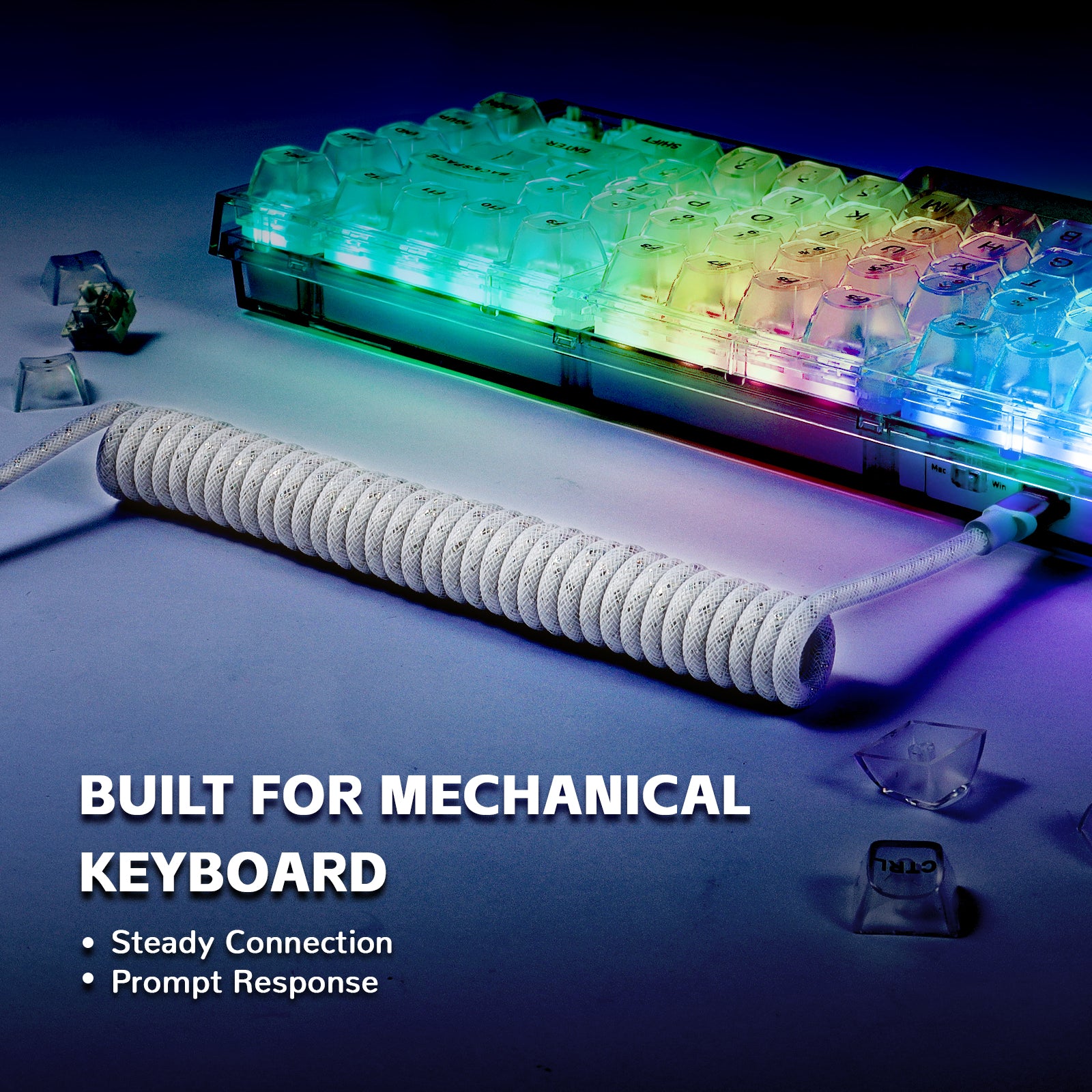 Coiled USB-C keyboard cable with RGB mechanical keyboard, text: 'Built for Mechanical Keyboard'