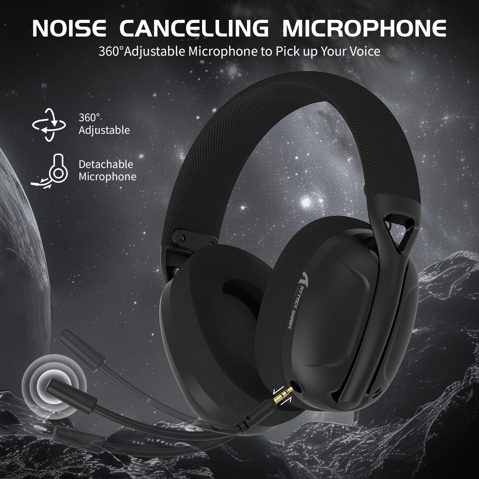 L80 gaming headset with 360° adjustable noise-canceling microphone and cosmic background.