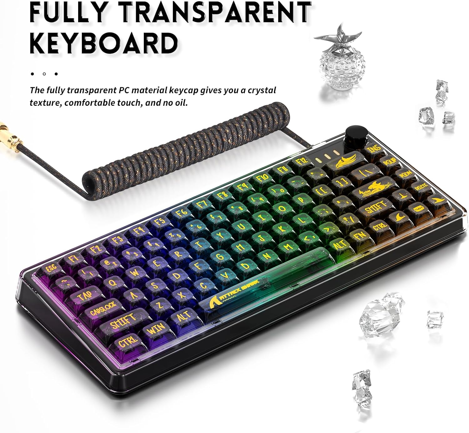 Attack Shark K75 keyboard with fully transparent keycaps and RGB lighting effect