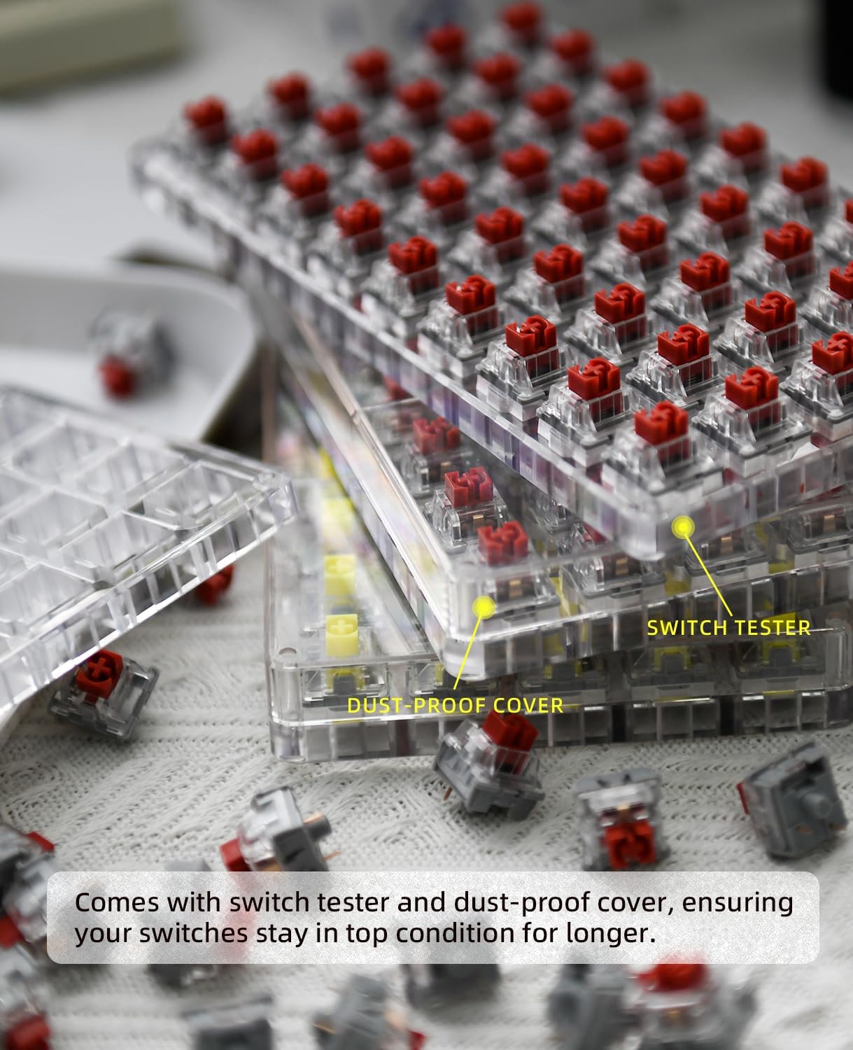 Transparent switch tester with red AS001 switches and dust-proof cover for protection.