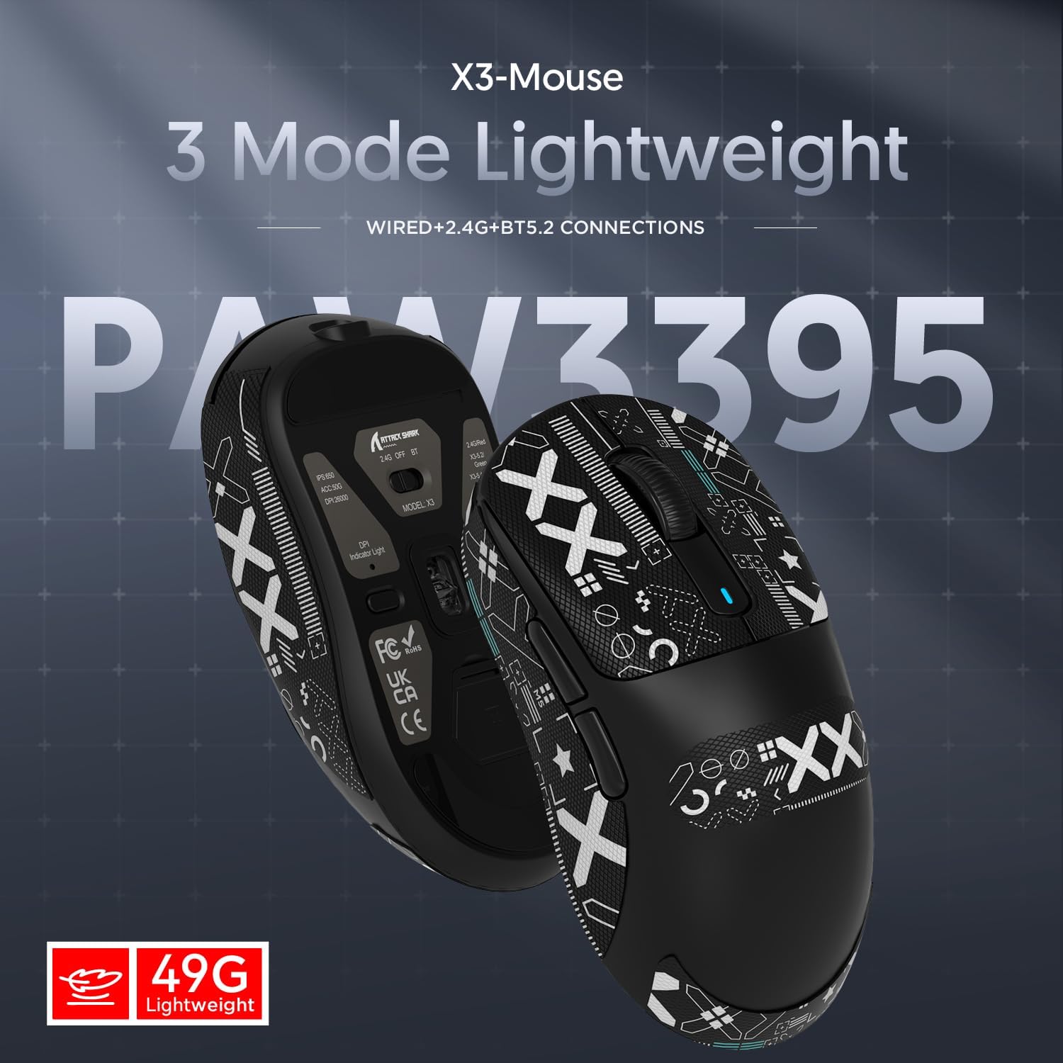 Attack Shark X3 lightweight gaming mouse with 49g weight, wired, Bluetooth and 2.4GHz modes.