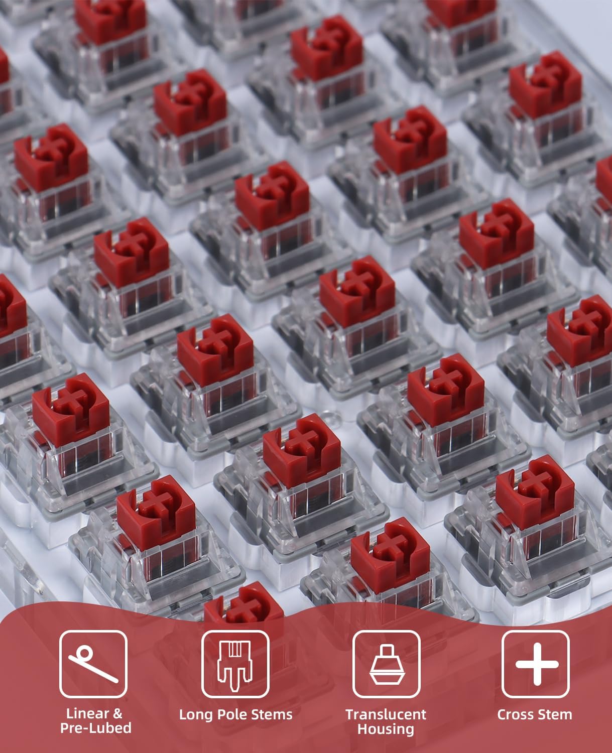 Red AS001 linear mechanical switches with translucent housing and long pole stems