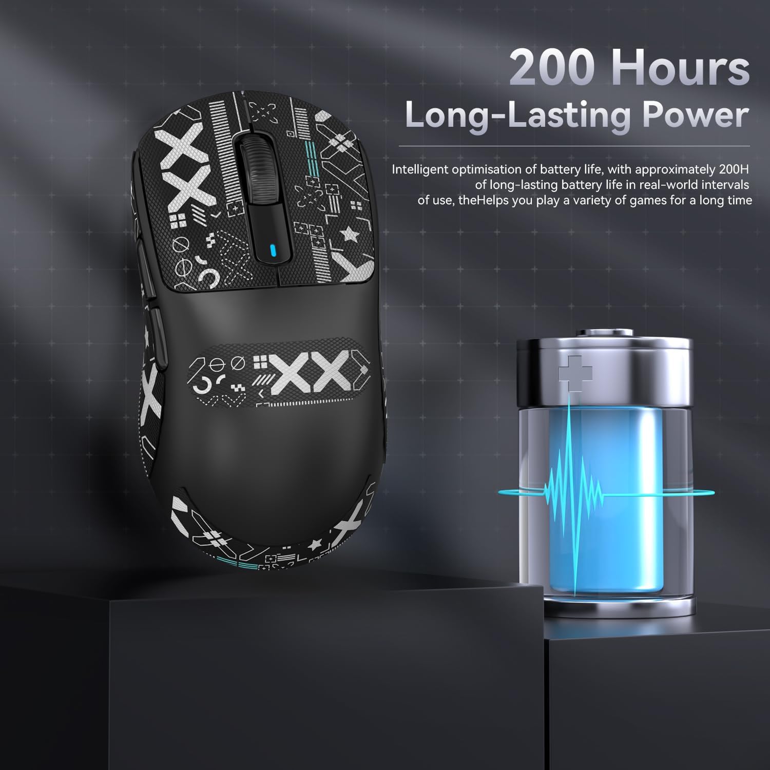 Attack Shark X3 gaming mouse highlighting 200 hours battery life with graphic design.