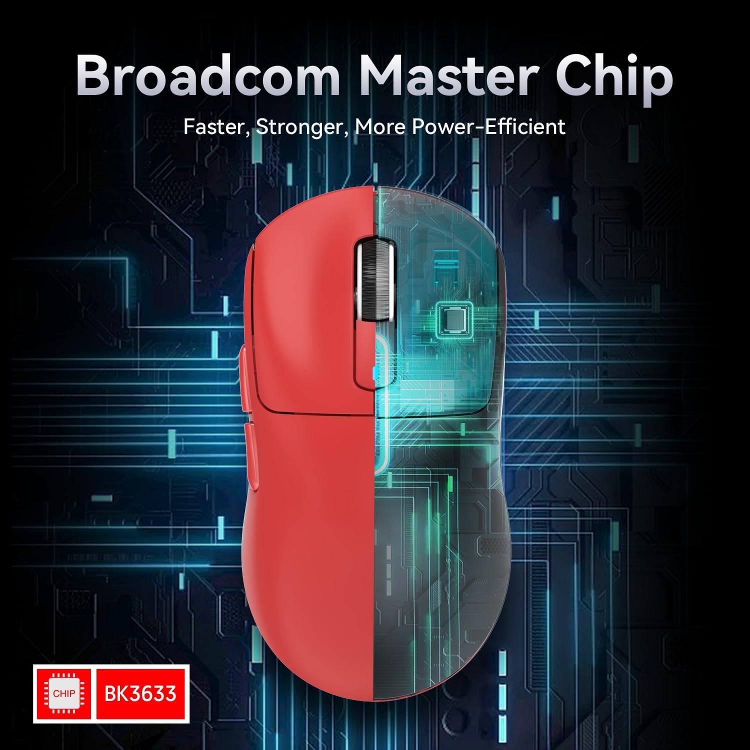 Attack Shark X3 gaming mouse showcasing Broadcom BK3633 chip with tech background.