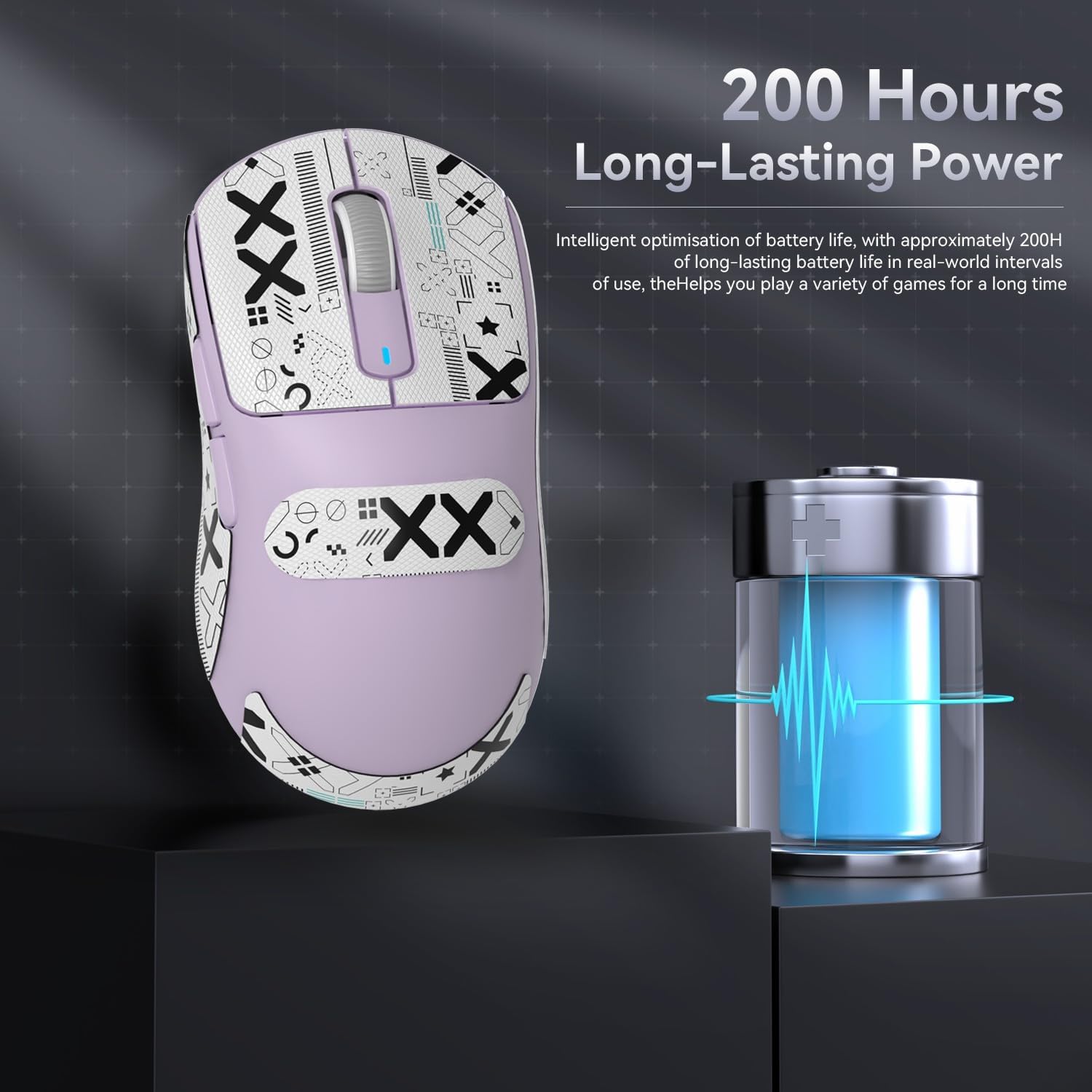 Lavender Attack Shark X3 wireless gaming mouse highlighting 200-hour battery life with graphic.