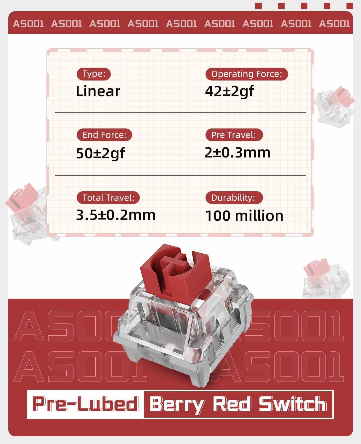 Berry Red mechanical switch specs with transparent housing and pre-lubrication details