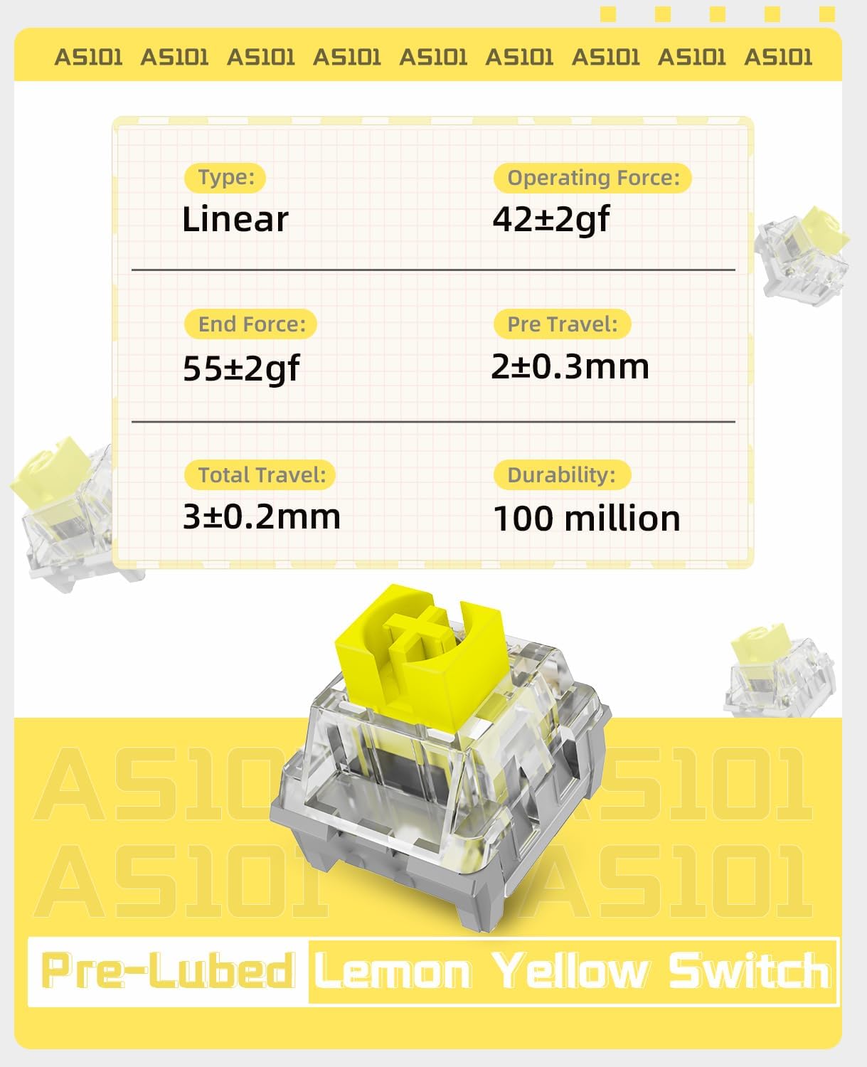 Lemon Yellow AS101 mechanical switch with specs for customizable keyboards.