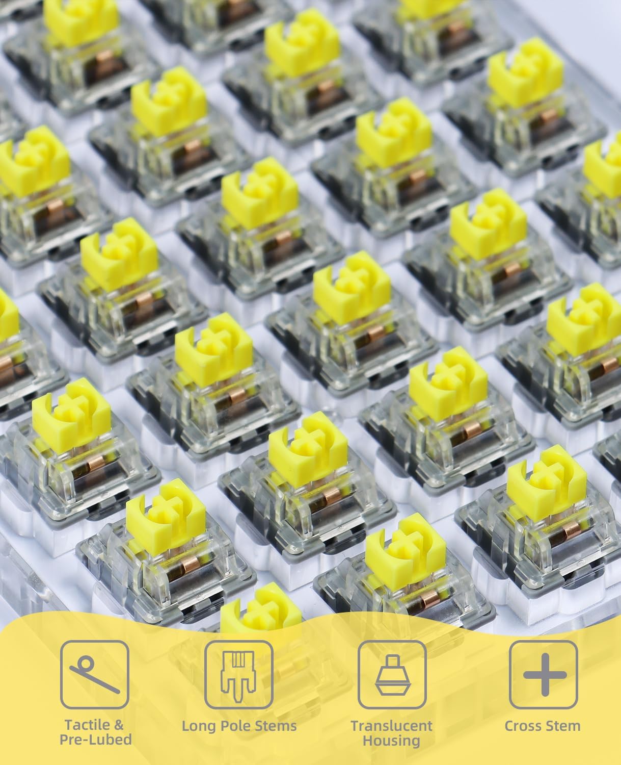 Lemon Yellow AS101 mechanical switches with translucent housing and pre-lubrication.