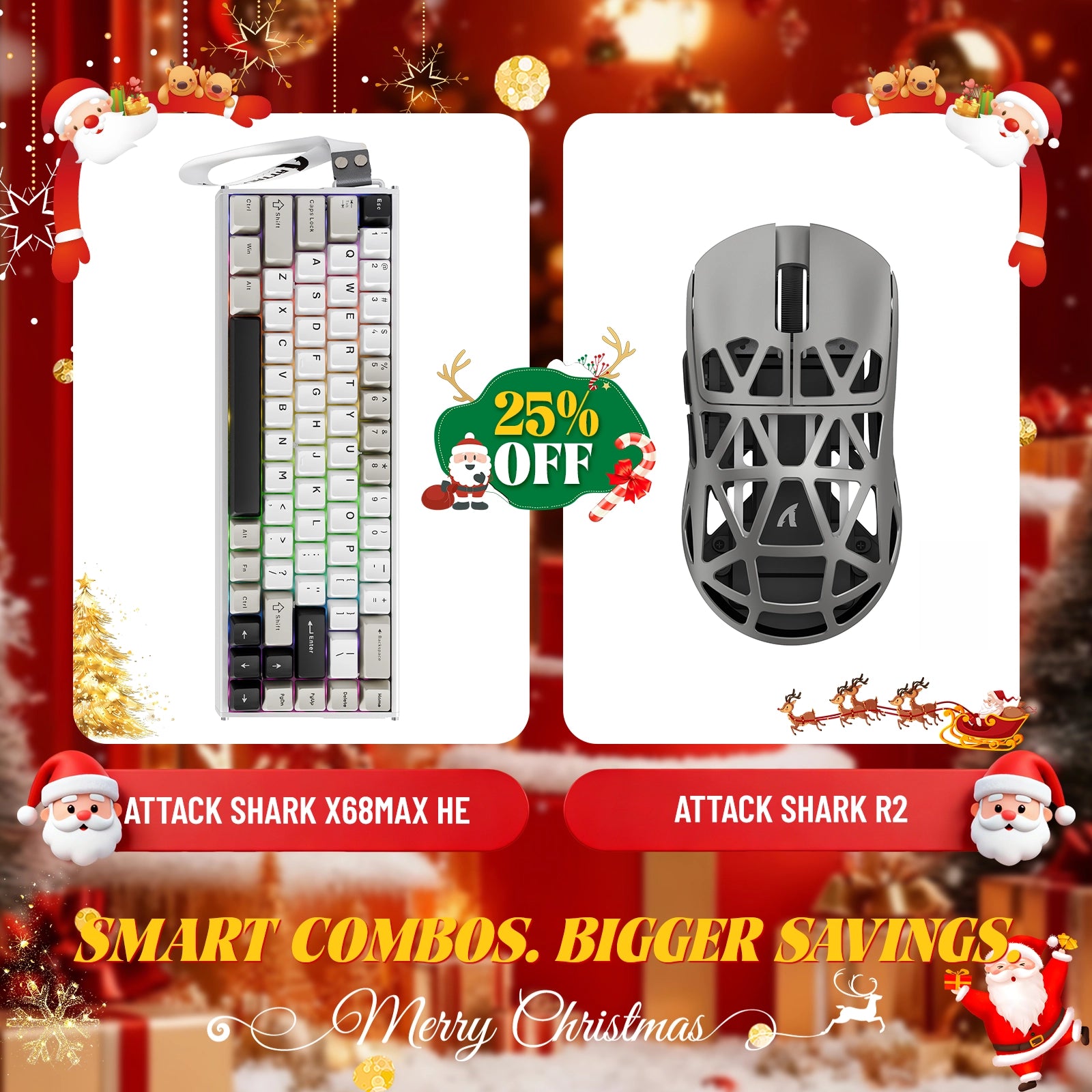Paquete de teclado de aluminio ATTACK SHARK X68MAX HE con gatillo rápido y ratón inalámbrico para juegos R2 de aleación de magnesio