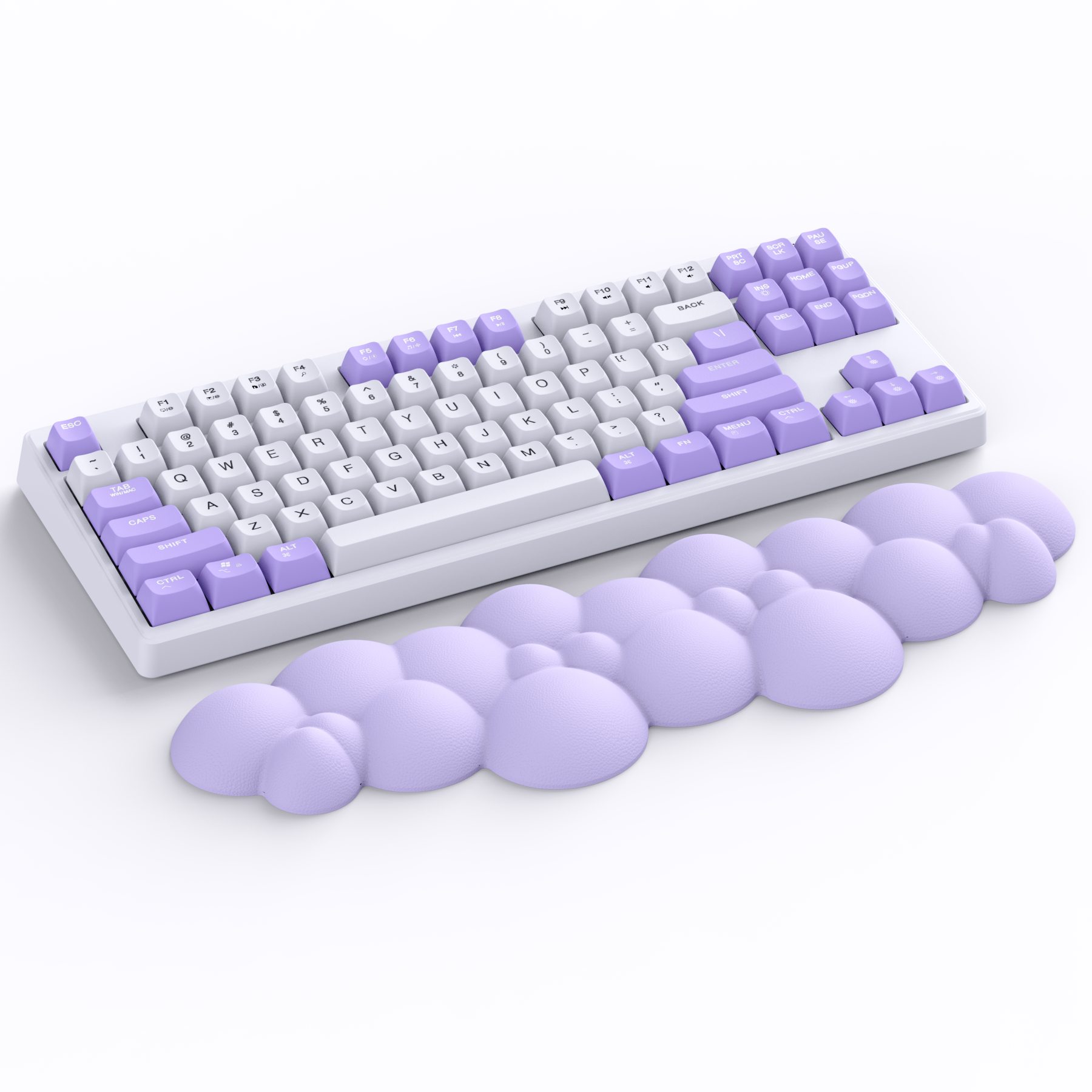 Lavender cloud-shaped wrist rest beside a white mechanical keyboard with lavender keycaps.