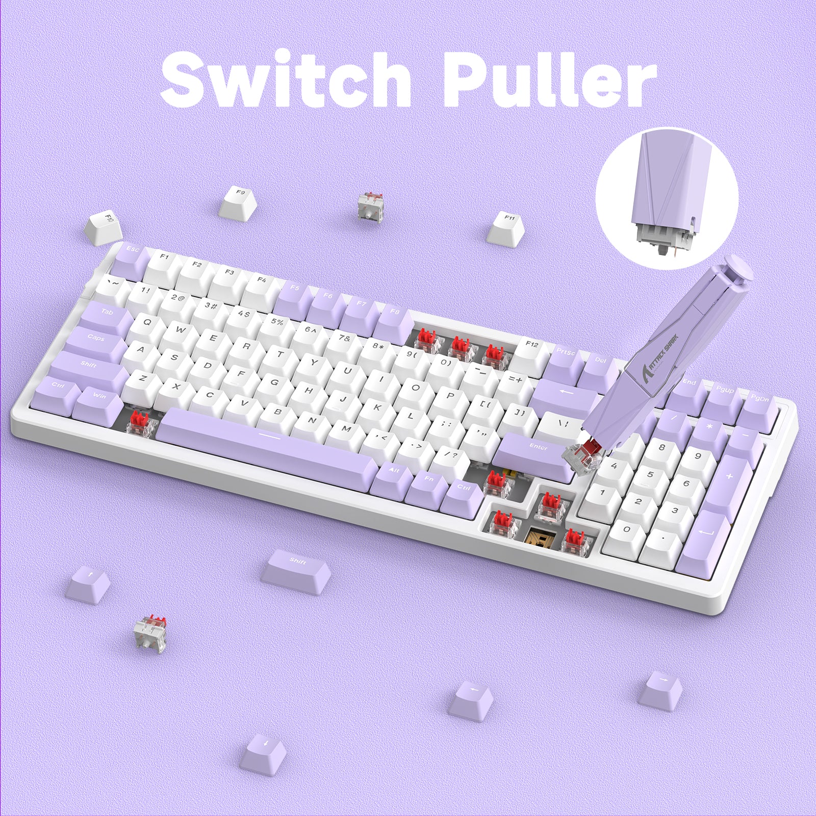 Attack Shark lavender switch puller extracting switch from mechanical keyboard.