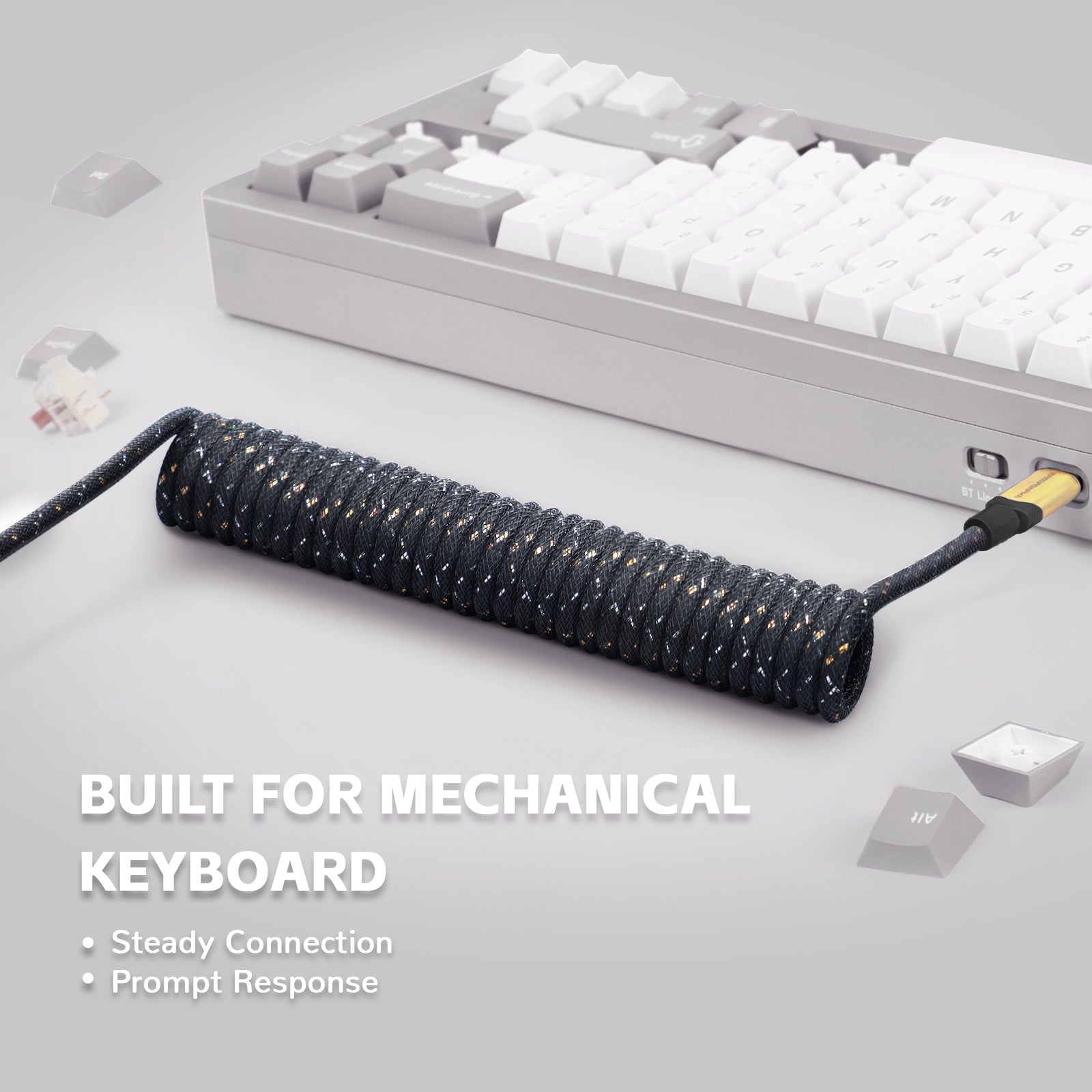 C03 coiled USB-C cable with woven mesh for mechanical keyboard; text: 'Built for Mechanical Keyboard'.