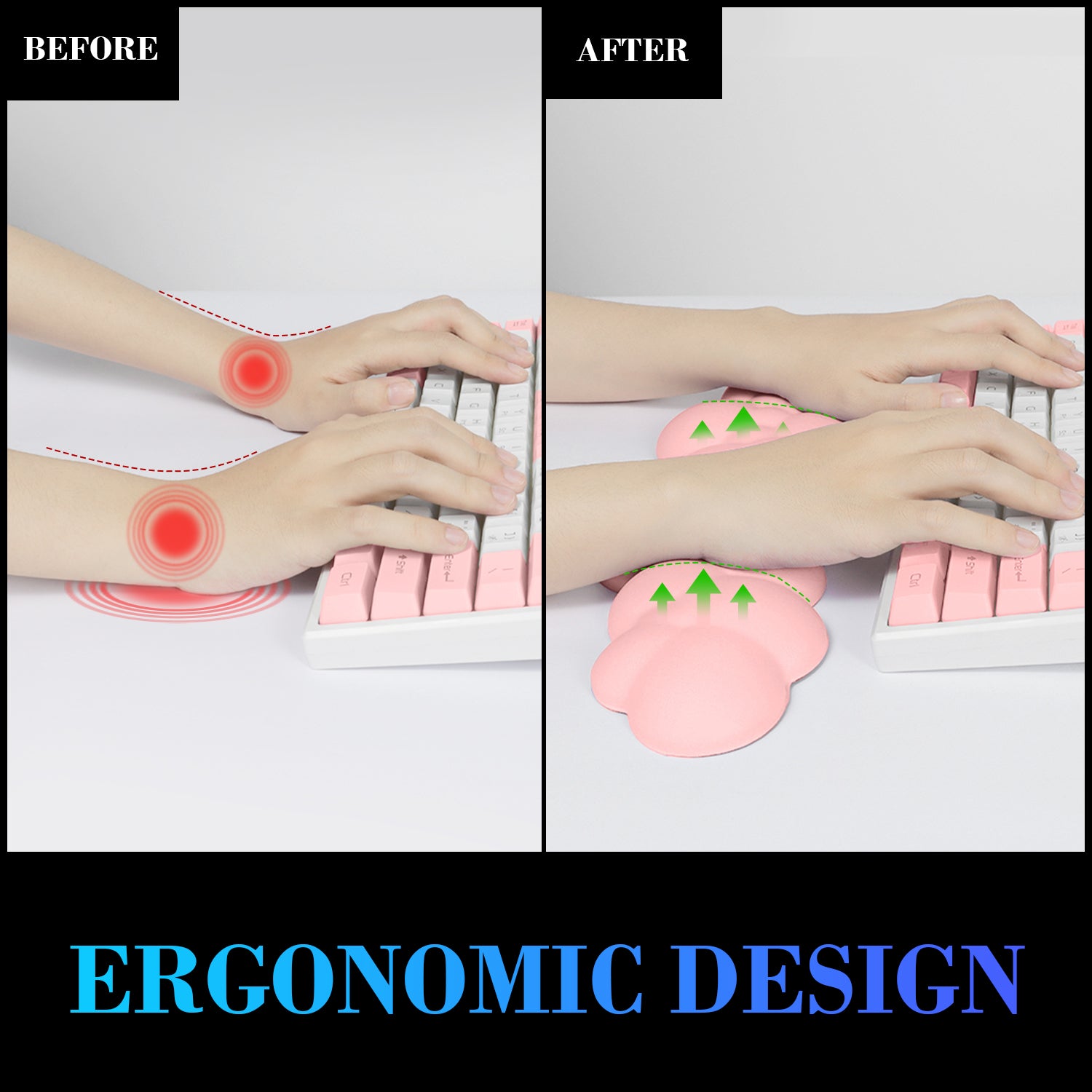 Comparison of wrist strain before and after using cloud-shaped ergonomic wrist rest.