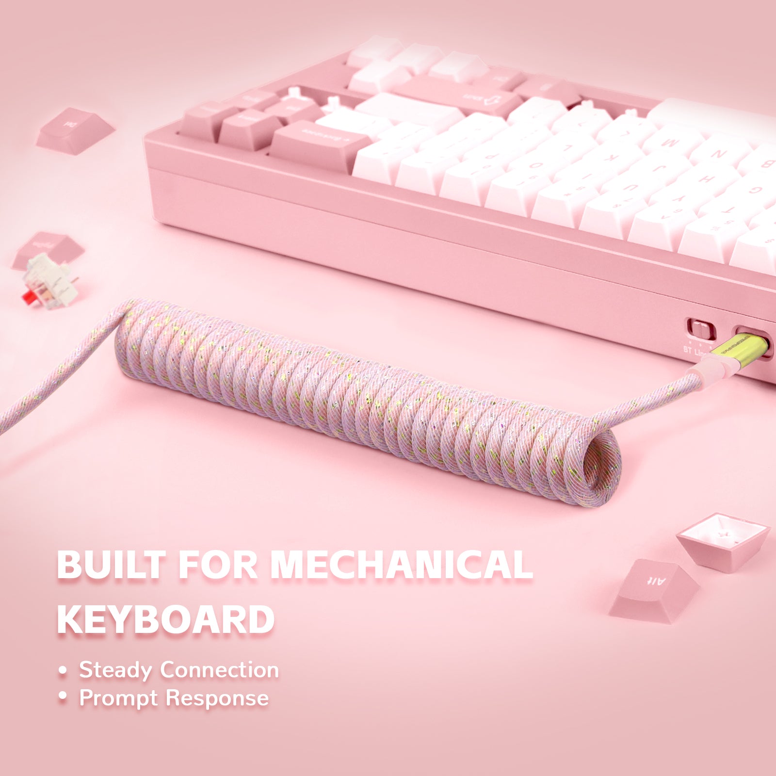 C03 coiled USB-C keyboard cable in pink, text: 'Built for Mechanical Keyboard', tangle-resistant.