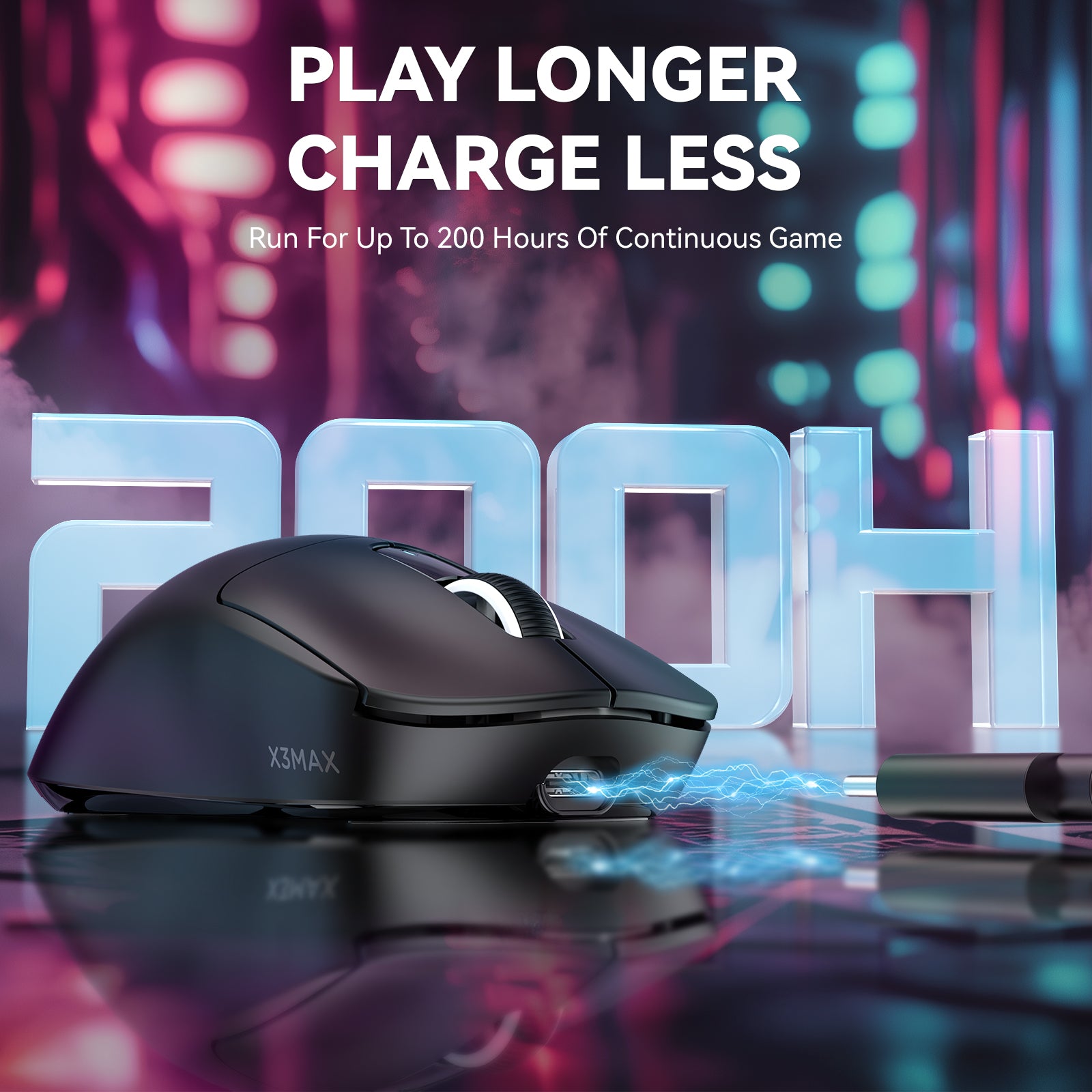 X3MAX wireless gaming mouse with 200 hours battery life highlighting play longer, charge less.