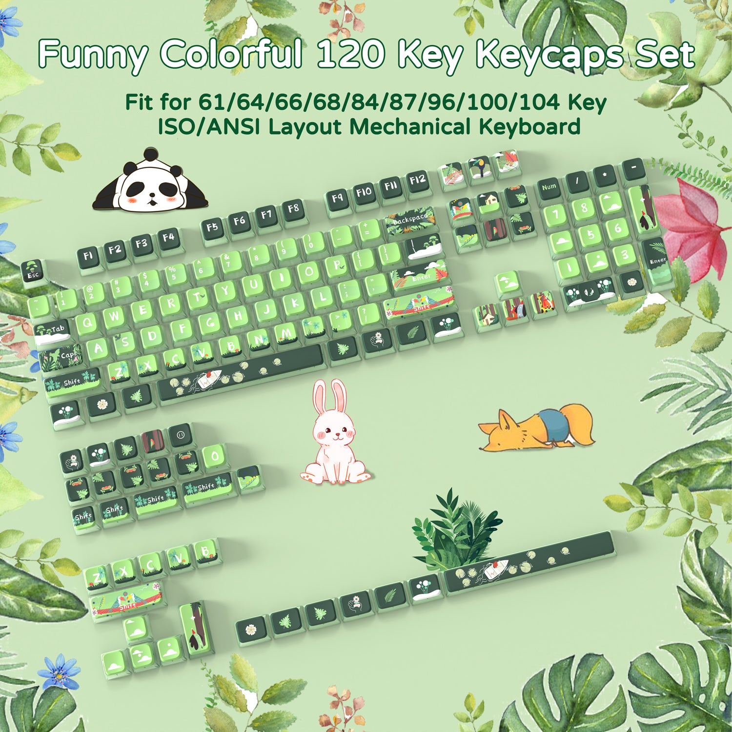 Colorful 120-key keycap set with panda, bunny, and fox designs for mechanical keyboards.