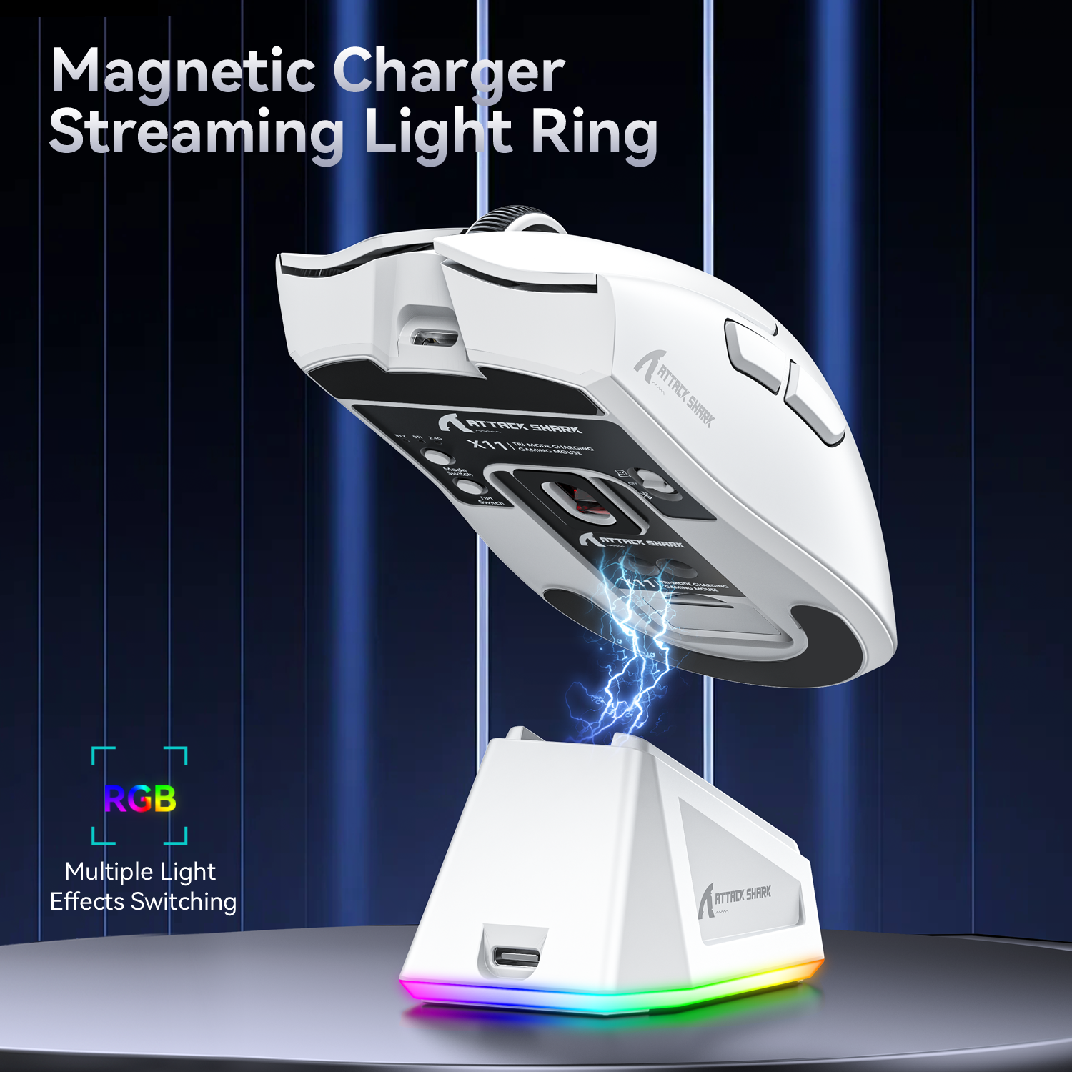 Attack Shark X11 Wireless Gaming Mouse on RGB charging dock with streaming light ring