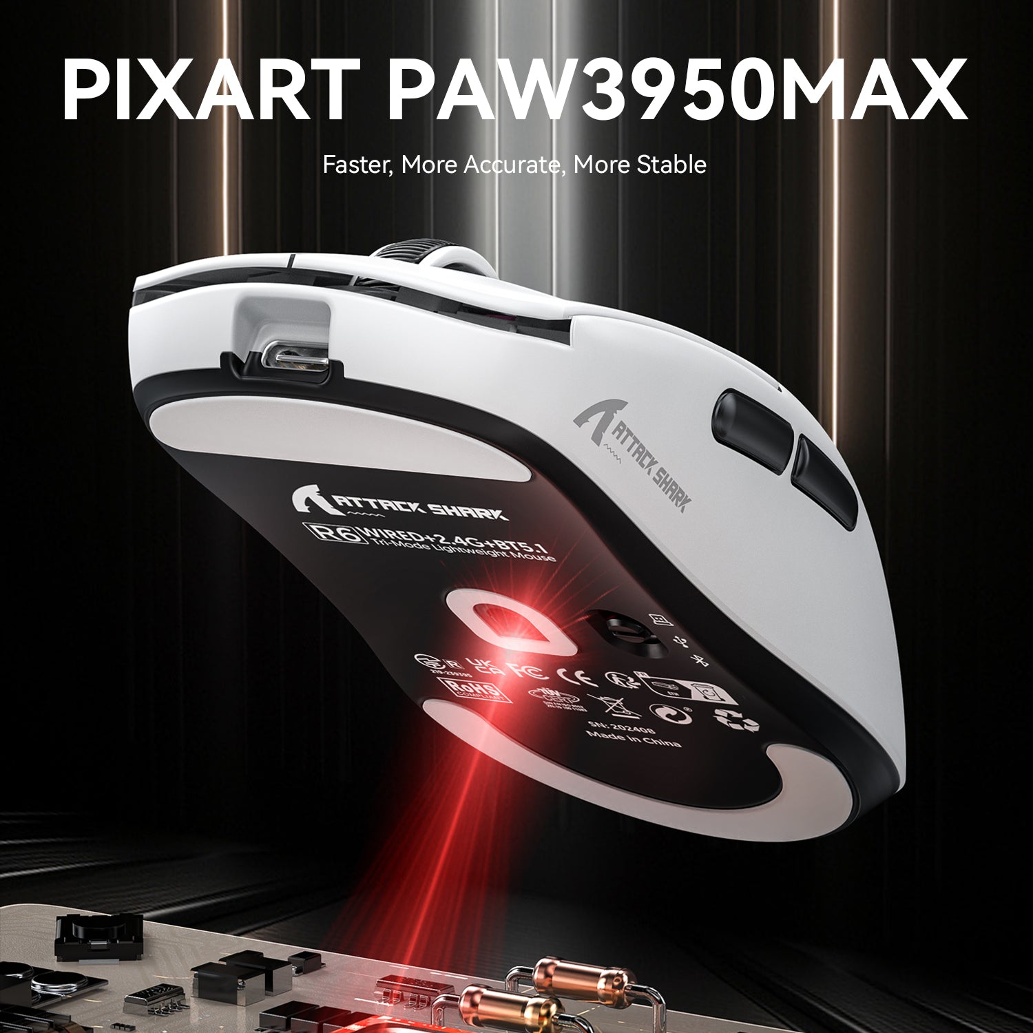 R6 wireless gaming mouse underside with PIXART PAW3950MAX sensor and red light