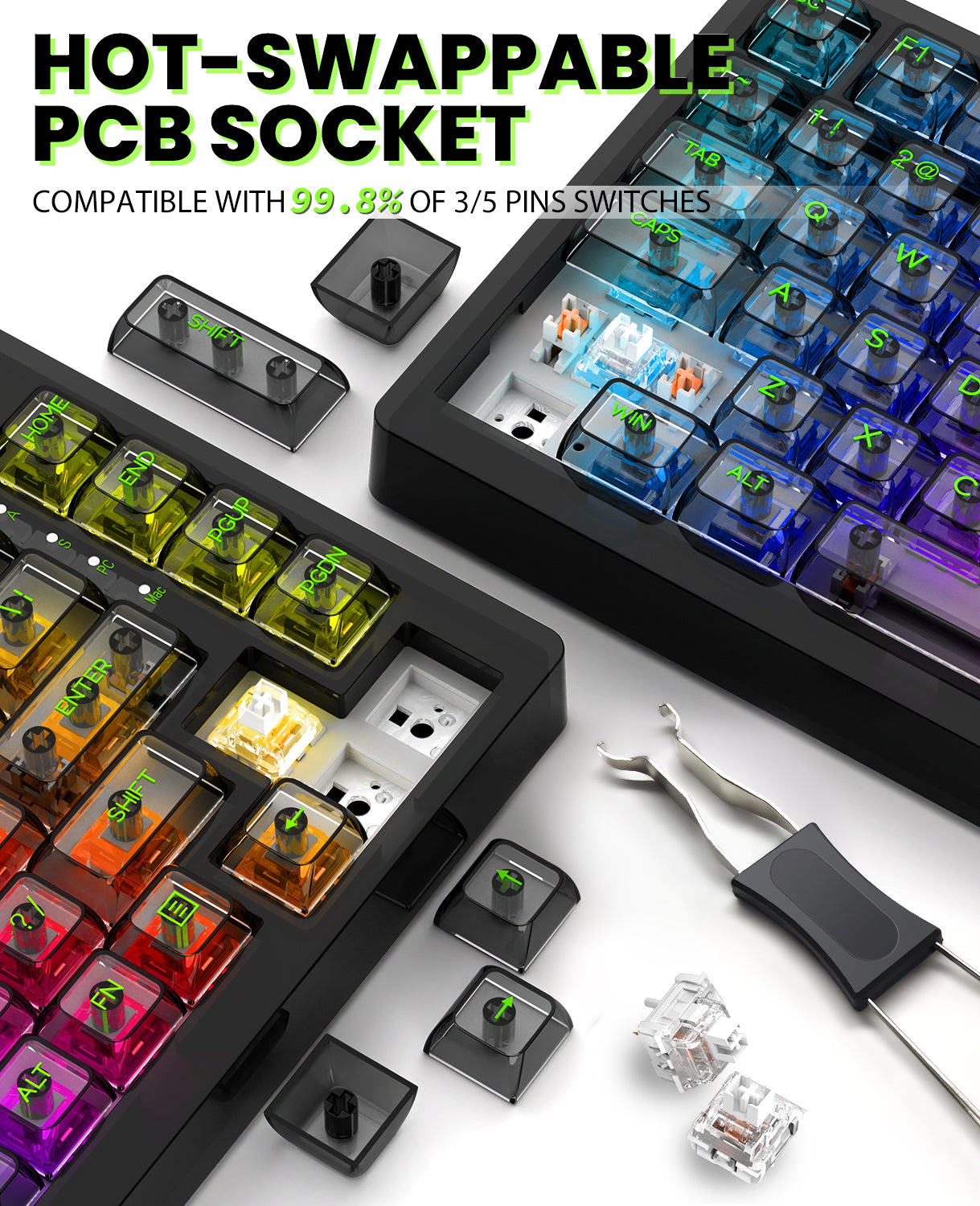 MK32 keyboard hot-swappable PCB socket showcasing colorful keycaps and switch puller tool.