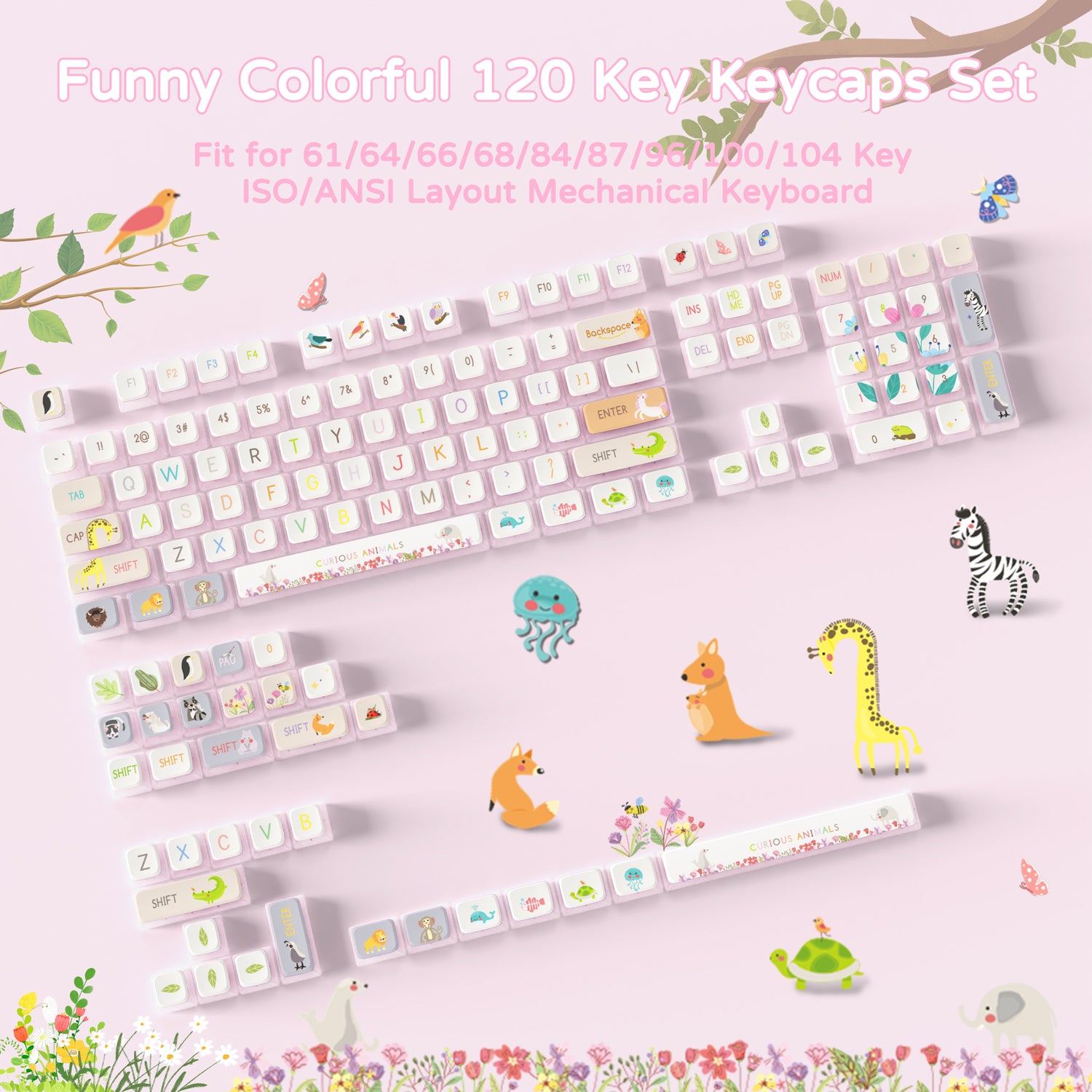 Colorful 120-key keycaps set with cute animal and floral designs for mechanical keyboards.