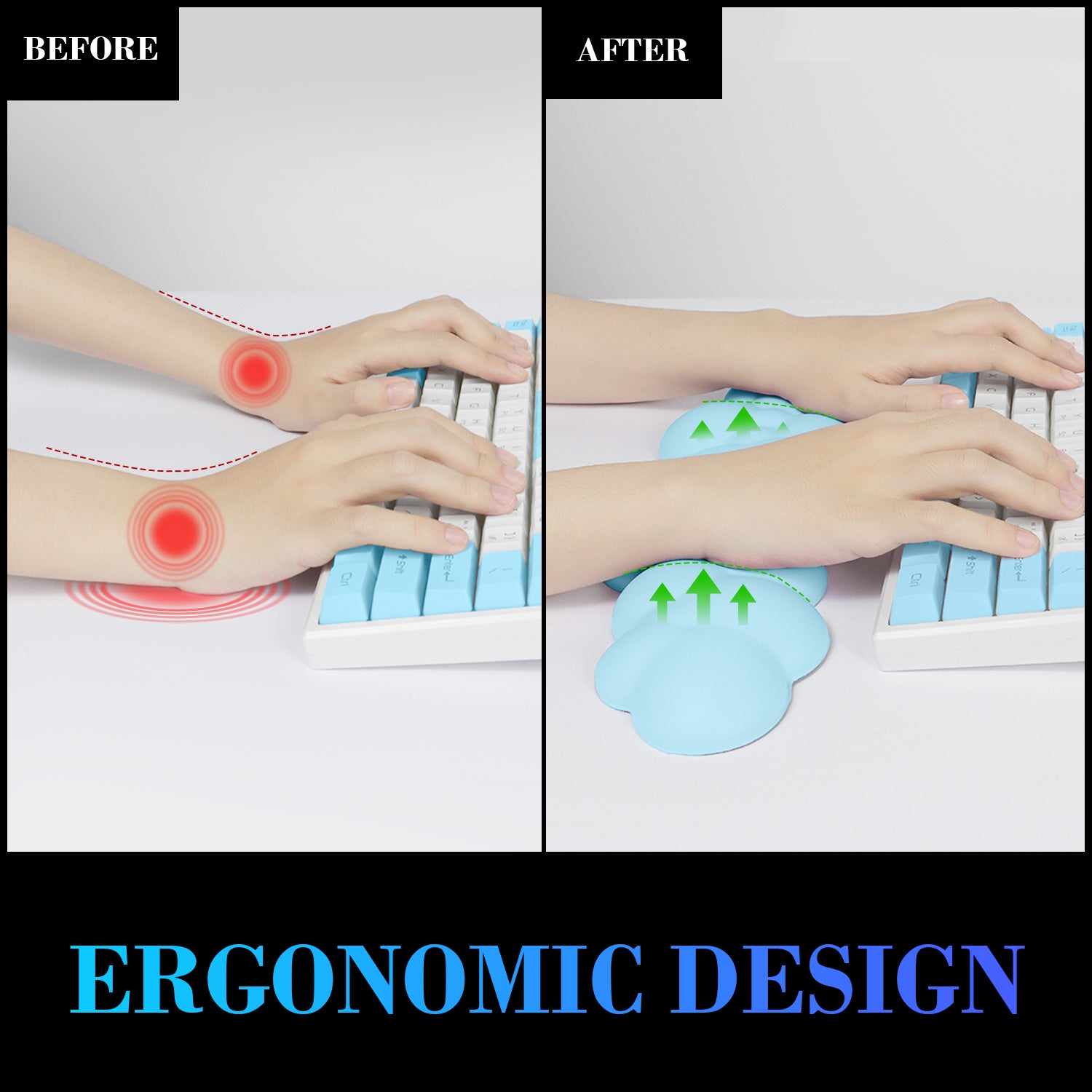 Comparison image showing wrist pain relief with cloud-shaped ergonomic wrist rest.