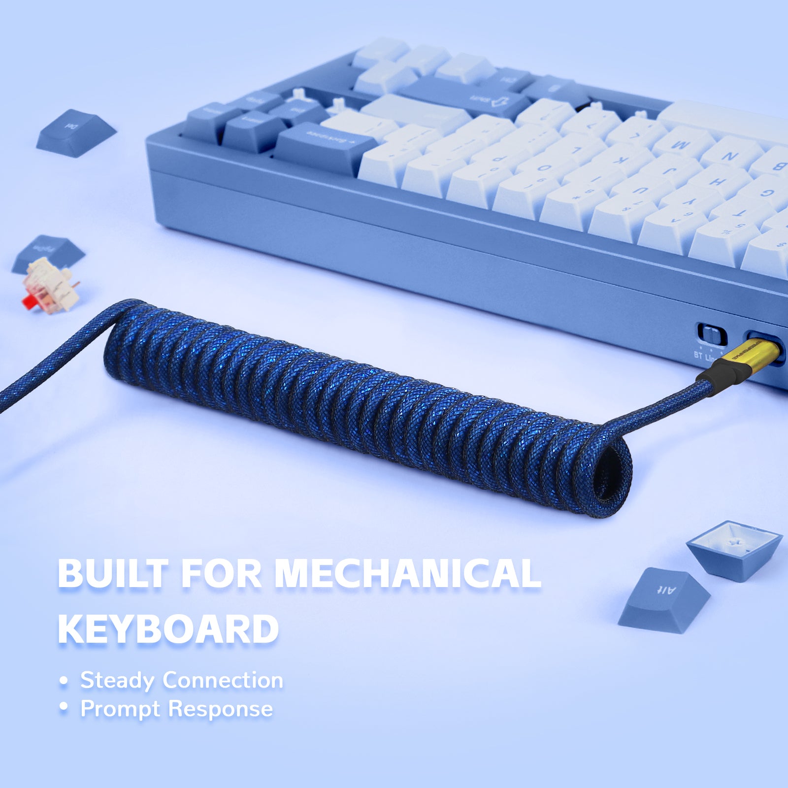 C03 coiled USB-C keyboard cable with blue mesh, text: 'Built for Mechanical Keyboard'