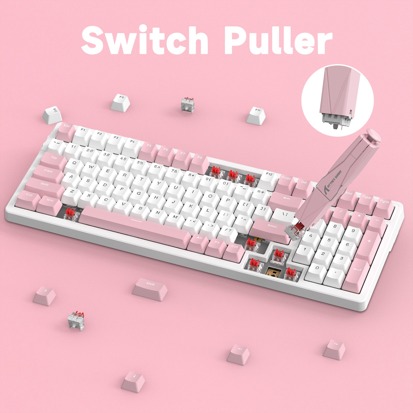 Pink Attack Shark keycap and switch puller in action on pink mechanical keyboard.