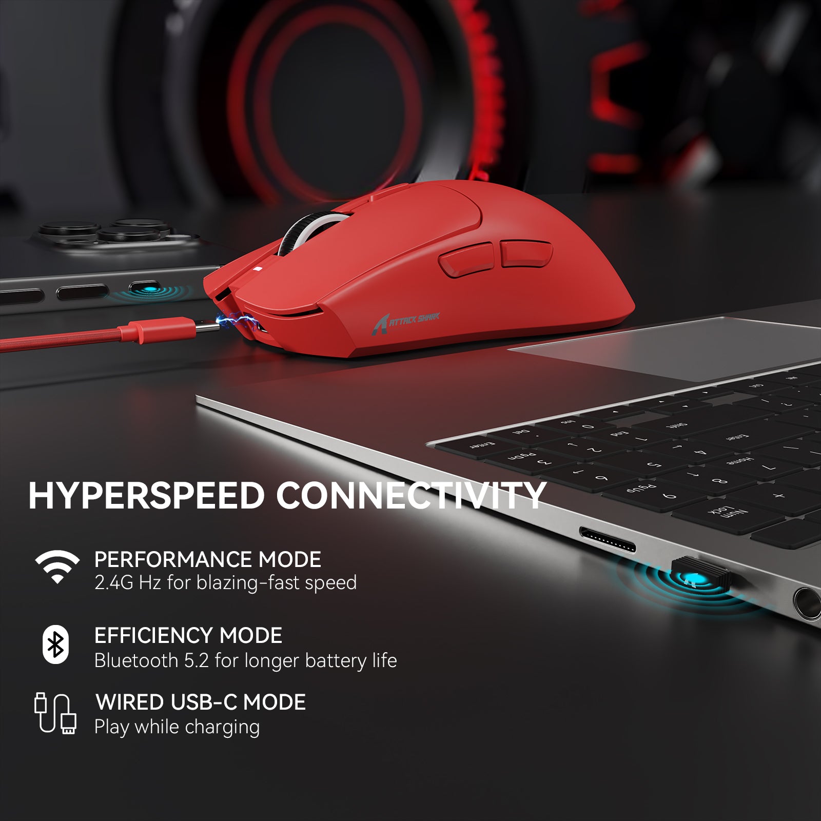 Ratón para juegos ATTACK SHARK X1 de tres modos con panel táctil RGB y base de carga PAW3395PRO Sensor