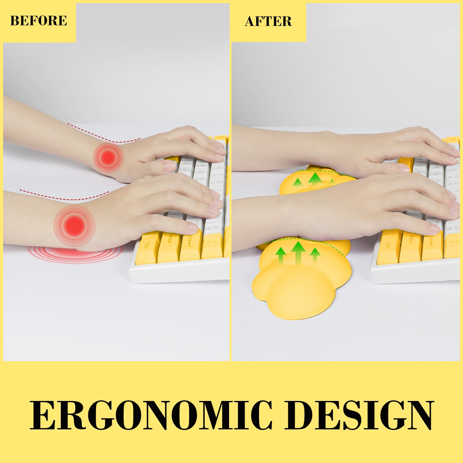 Wrist strain relief comparison before and after using cloud-shaped ergonomic wrist rest.