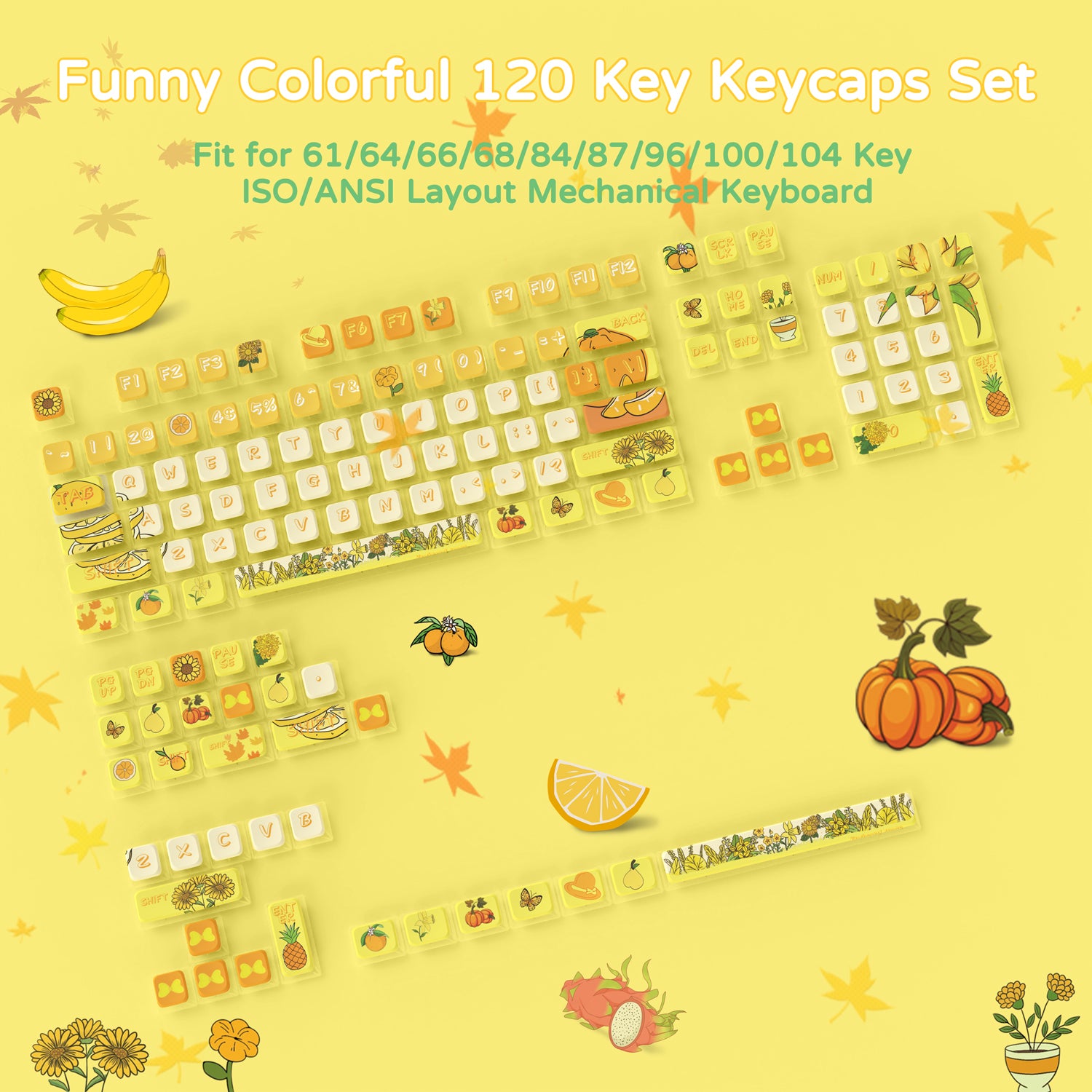 Colorful 120-key keycap set with fruit and vegetable designs for mechanical keyboards.