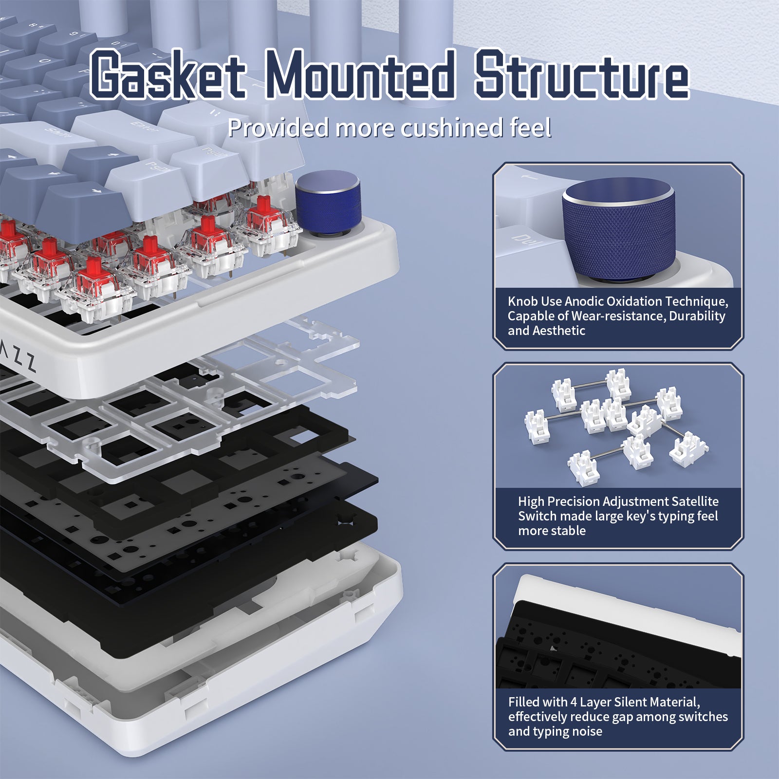 AKS068 Alice Mechanical Keyboard cross-section with gasket mount for cushioned typing feel.