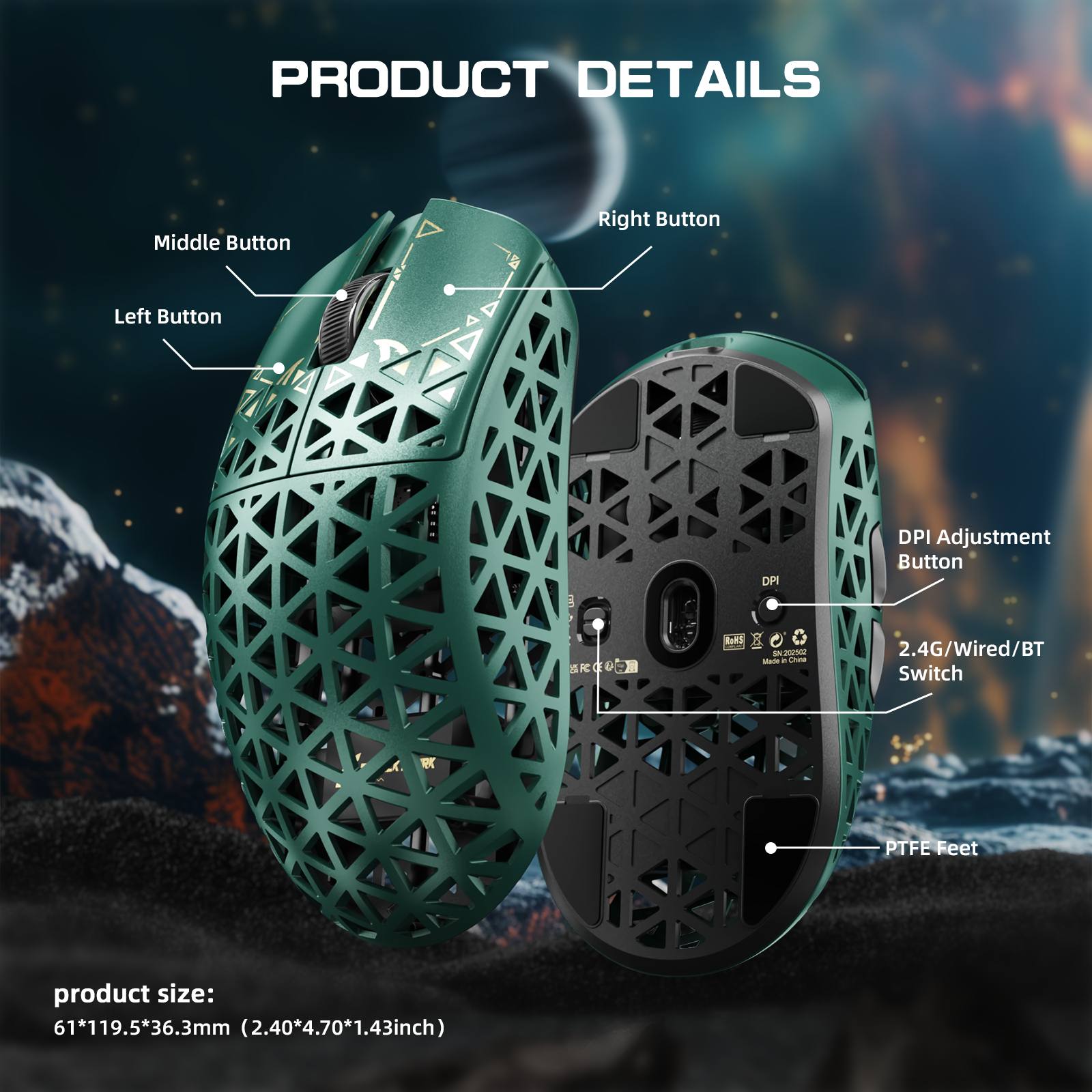 ATTACK SHARK R5 Ultra green gaming mouse product details: buttons, DPI switch, and PTFE feet, 8K wireless.