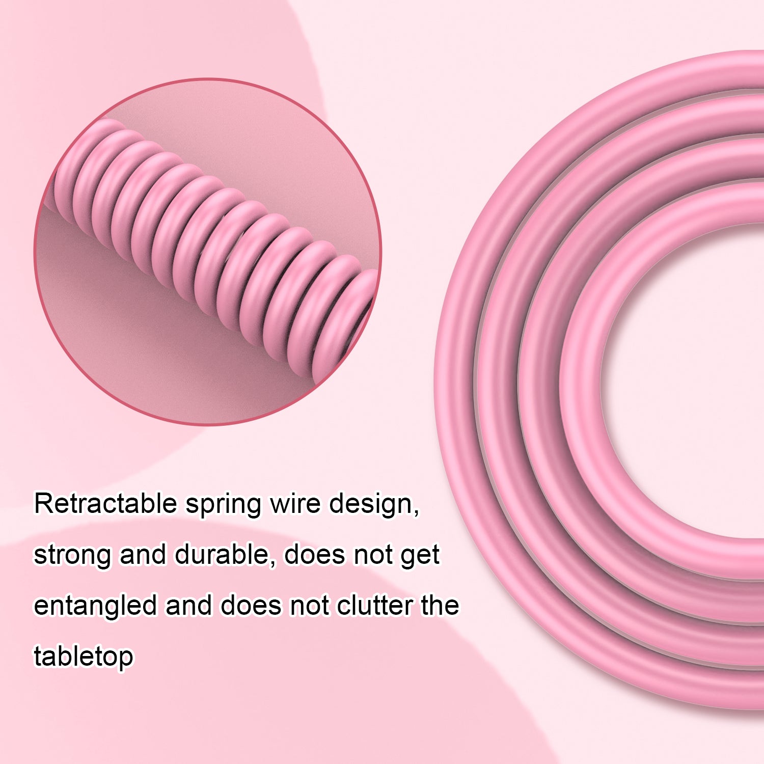 Pink coiled USB-C keyboard cable with retractable spring design, prevents tangling.