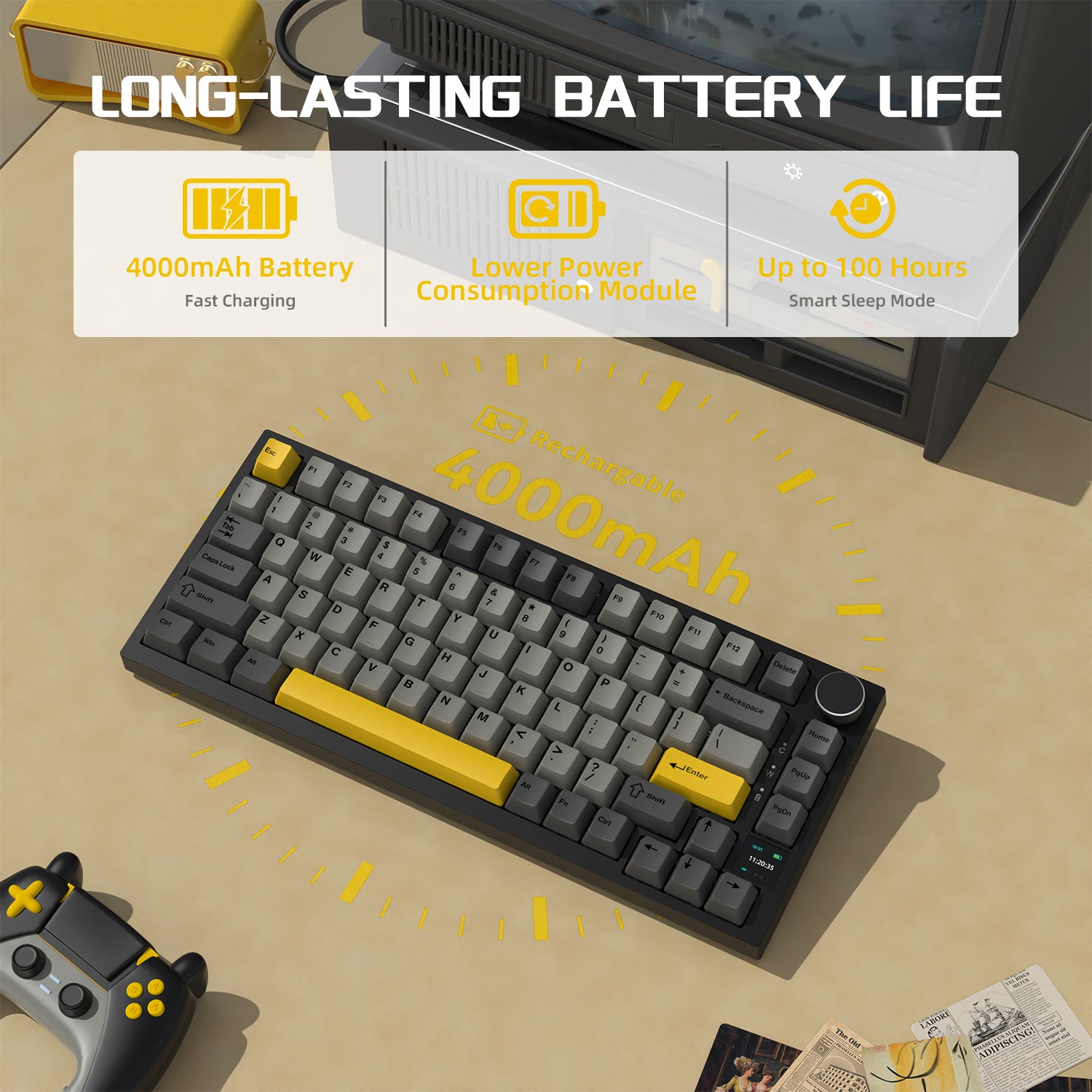 AK820 Pro keyboard with 4000mAh battery and fast charging highlighted in yellow text