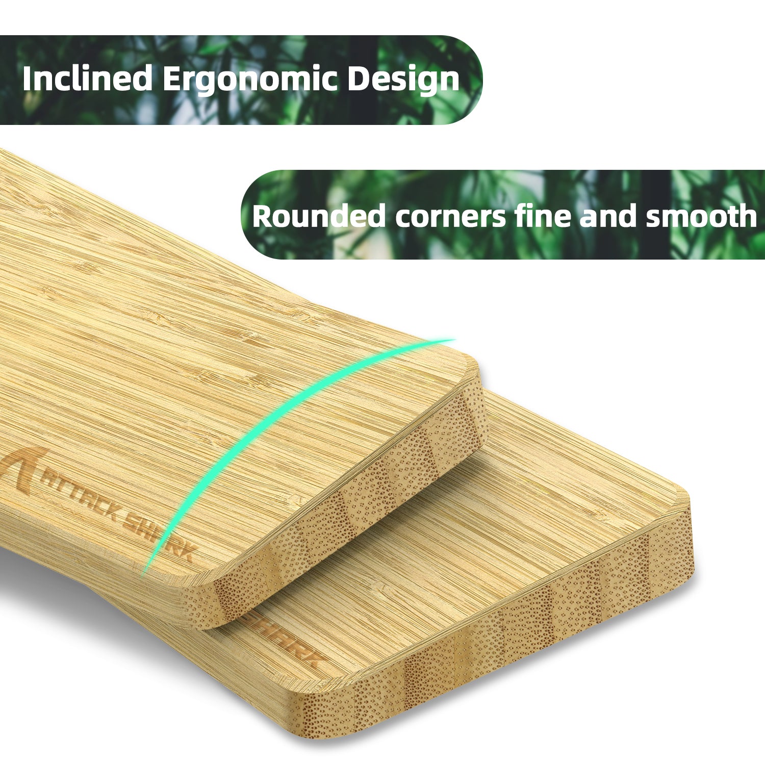 Ergonomic Attack Shark bamboo wrist rest with inclined design and smooth rounded corners.