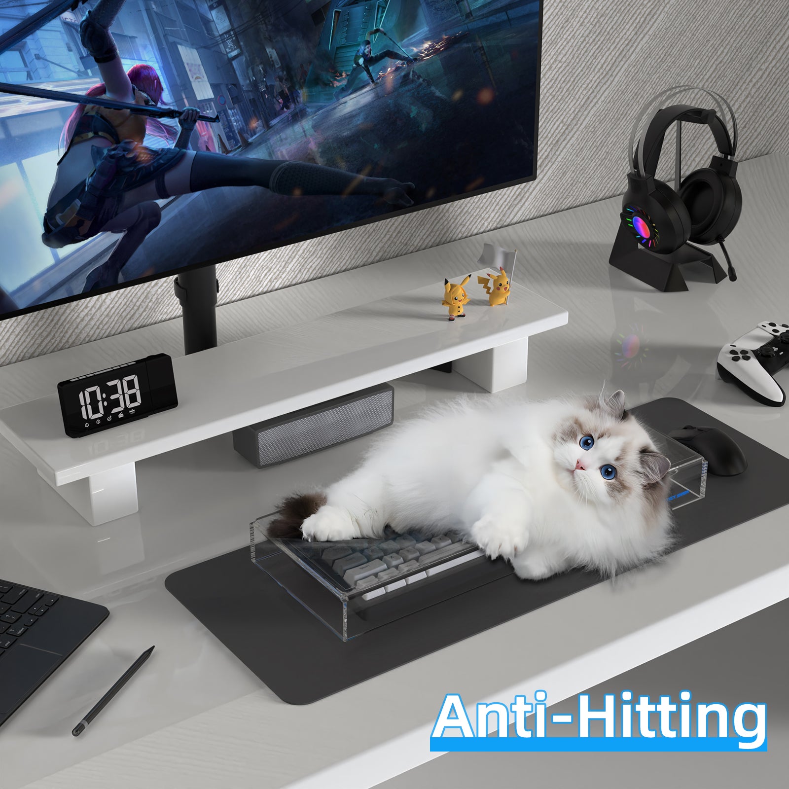 Cat lounging on Attack Shark acrylic dust cover for 98 keys keyboard in gaming setup.